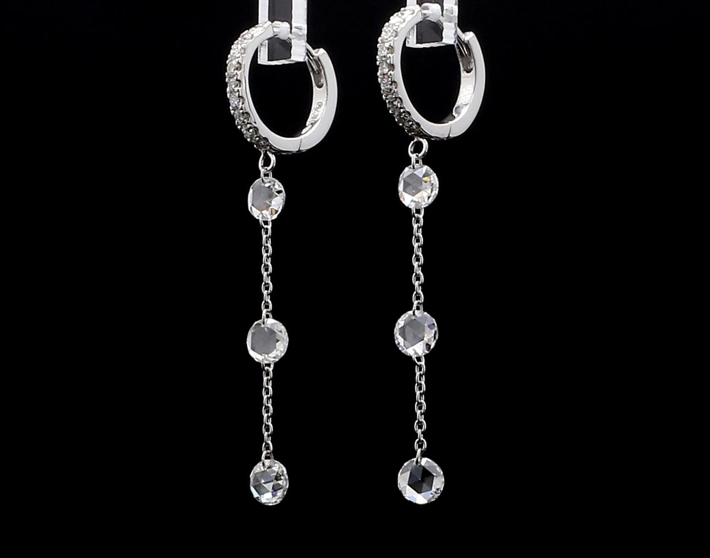 Modern PANIM 1 Carat White Diamond Rosecut Drop Earrings in 18 Karat White Gold For Sale