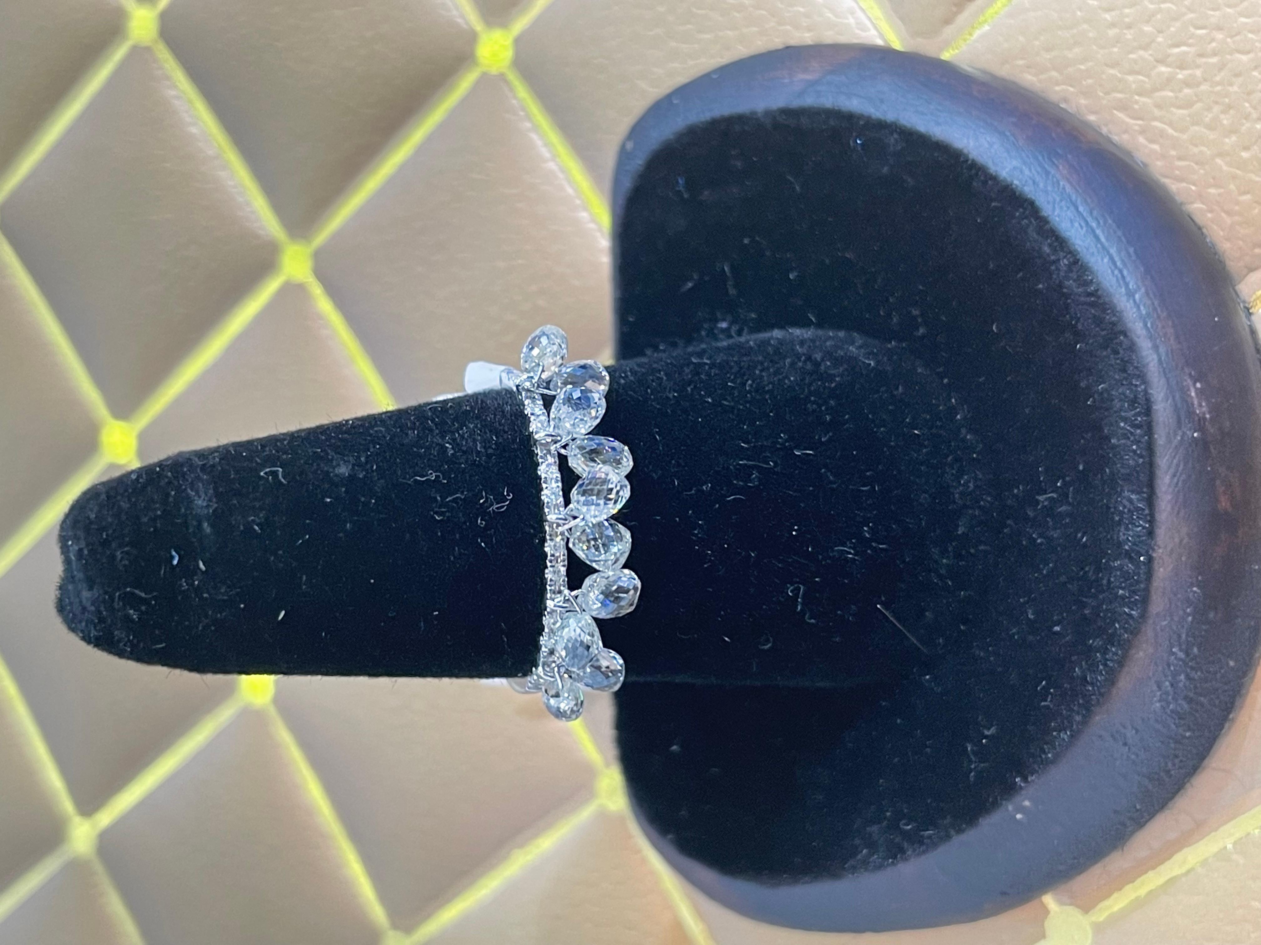 PANIM 10pcs Diamond Briolette Dangling Ring 18 Karat White Gold For Sale 3