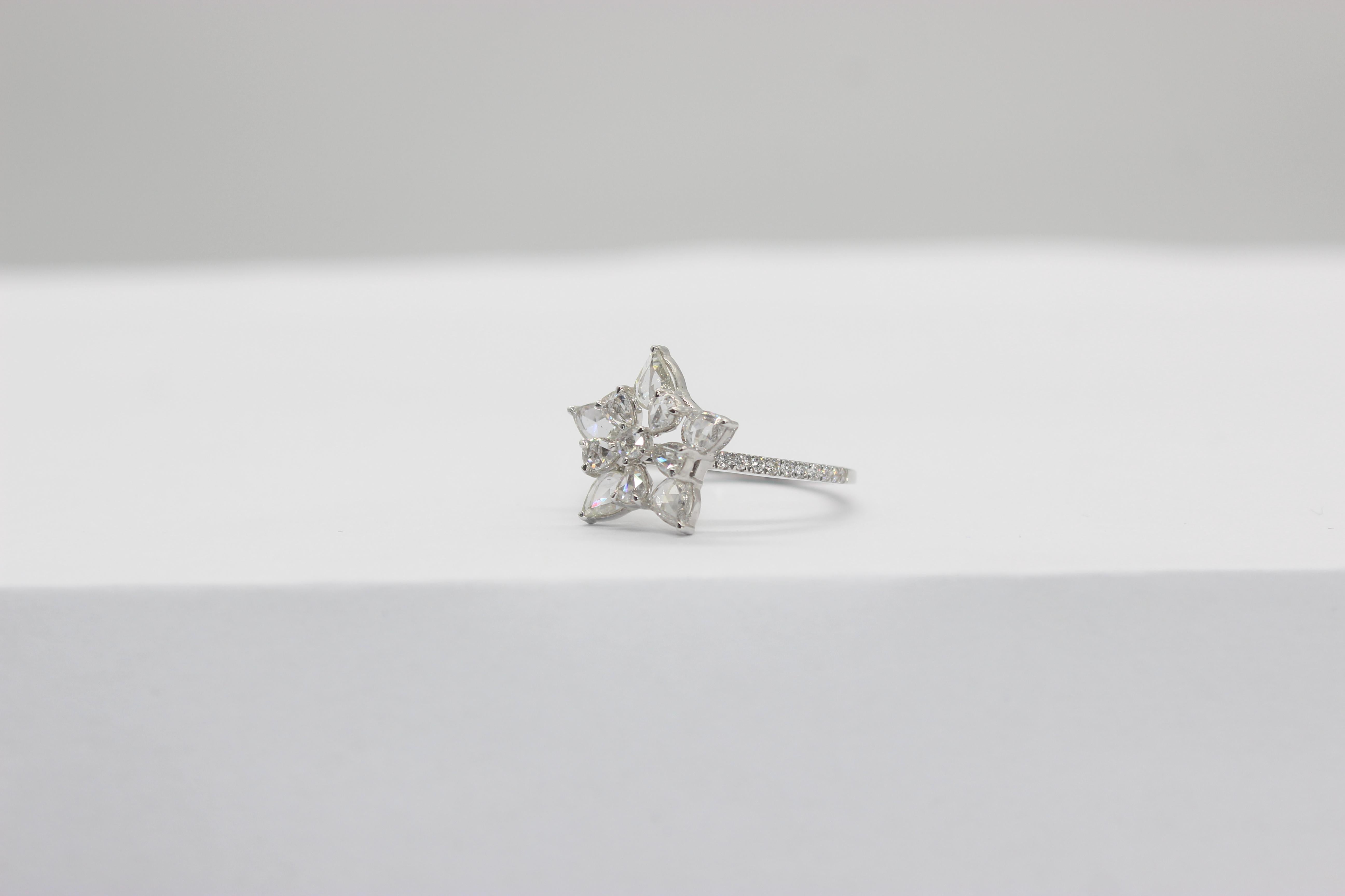 PANIM  1.14 Carat Diamond Rosecut 18K White Gold Snowflake Ring For Sale 3