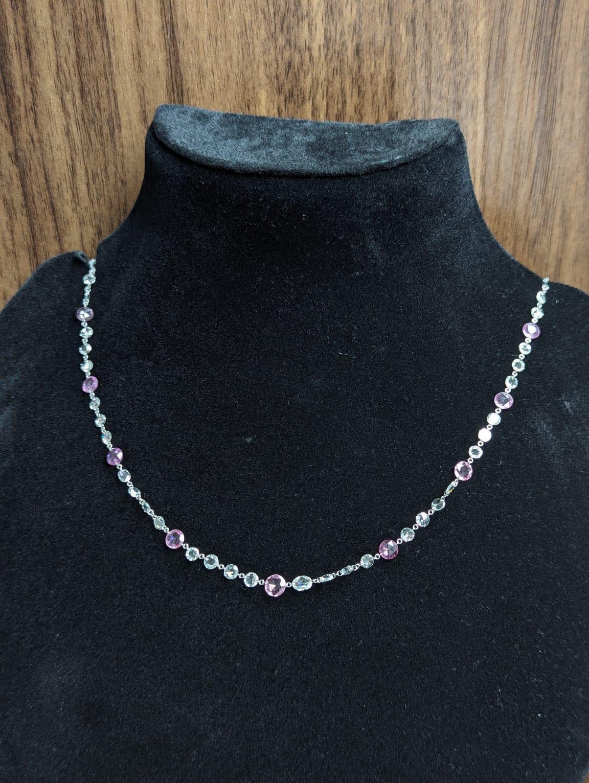 PANIM 12.01 Carats 18k White Gold Diamond Rosecut & Sapphire  Necklace

DETAILS:

- 18k White Gold
- Set with diamonds (G-H / VS-SI) and sapphire
- Chain length: 16' inches 

Can be customized and made in larger or smaller sizes upon