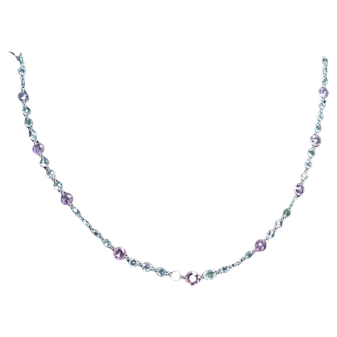 PANIM 12.01 Carats 18k White Gold Diamond Rosecut & Sapphire  Necklace For Sale