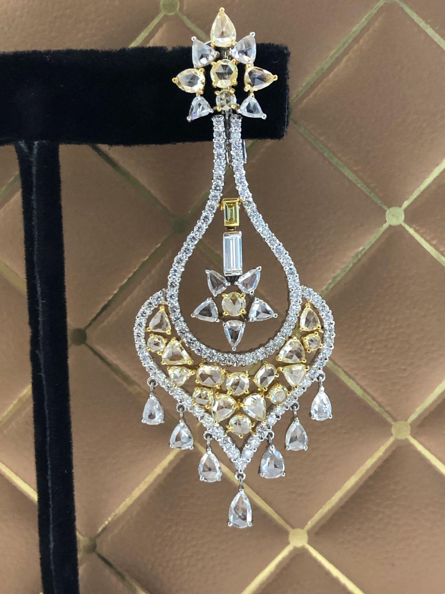 PANIM 12.77 Carat Diamond Rosecut 18K Chandelier Earrings For Sale 2