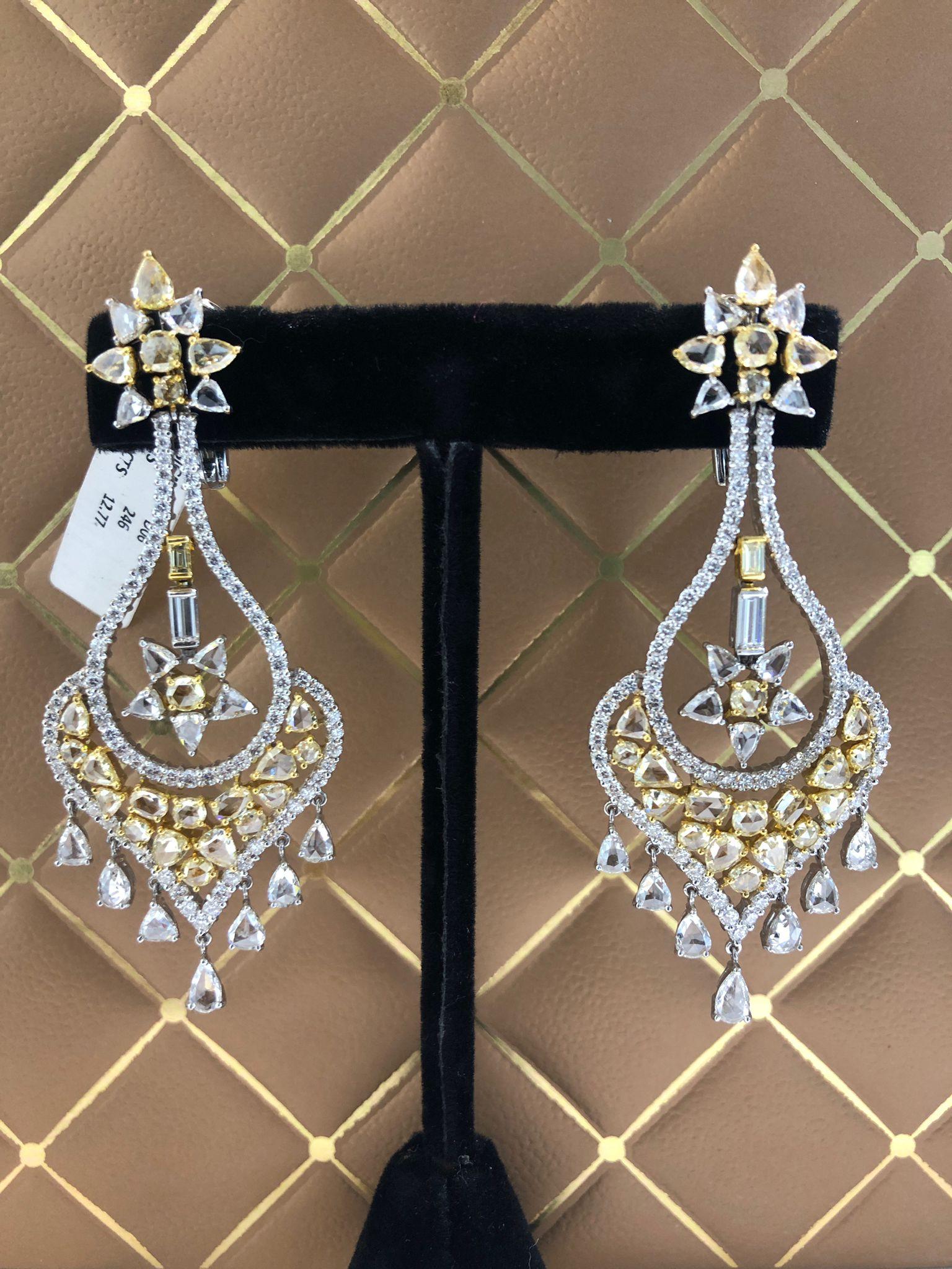 PANIM 12.77 Carat Diamond Rosecut 18K Chandelier Earrings For Sale 3