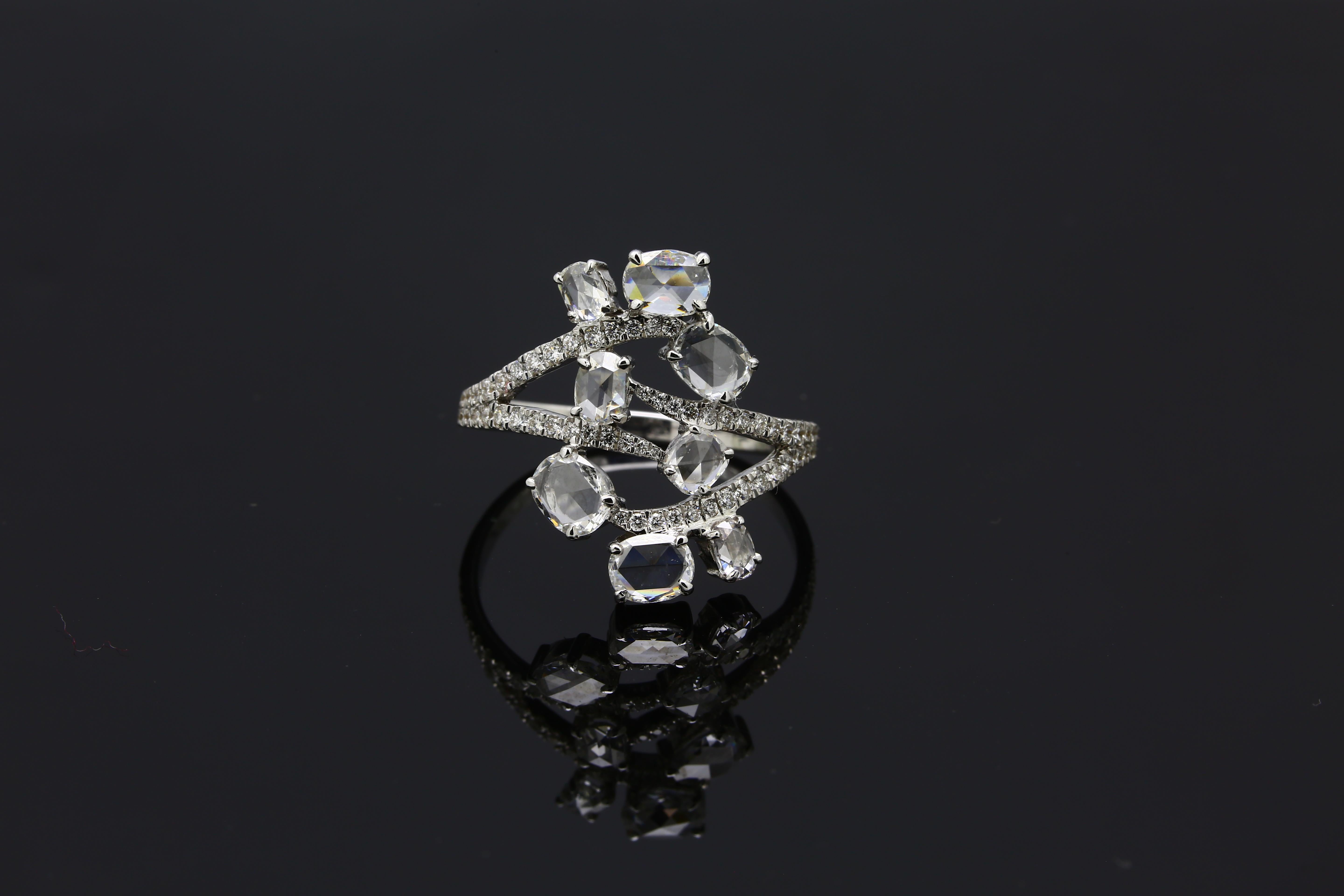 Rose Cut PANIM 1.39 Carat Oval Diamond Rosecut 18k White Gold Floral Ring For Sale