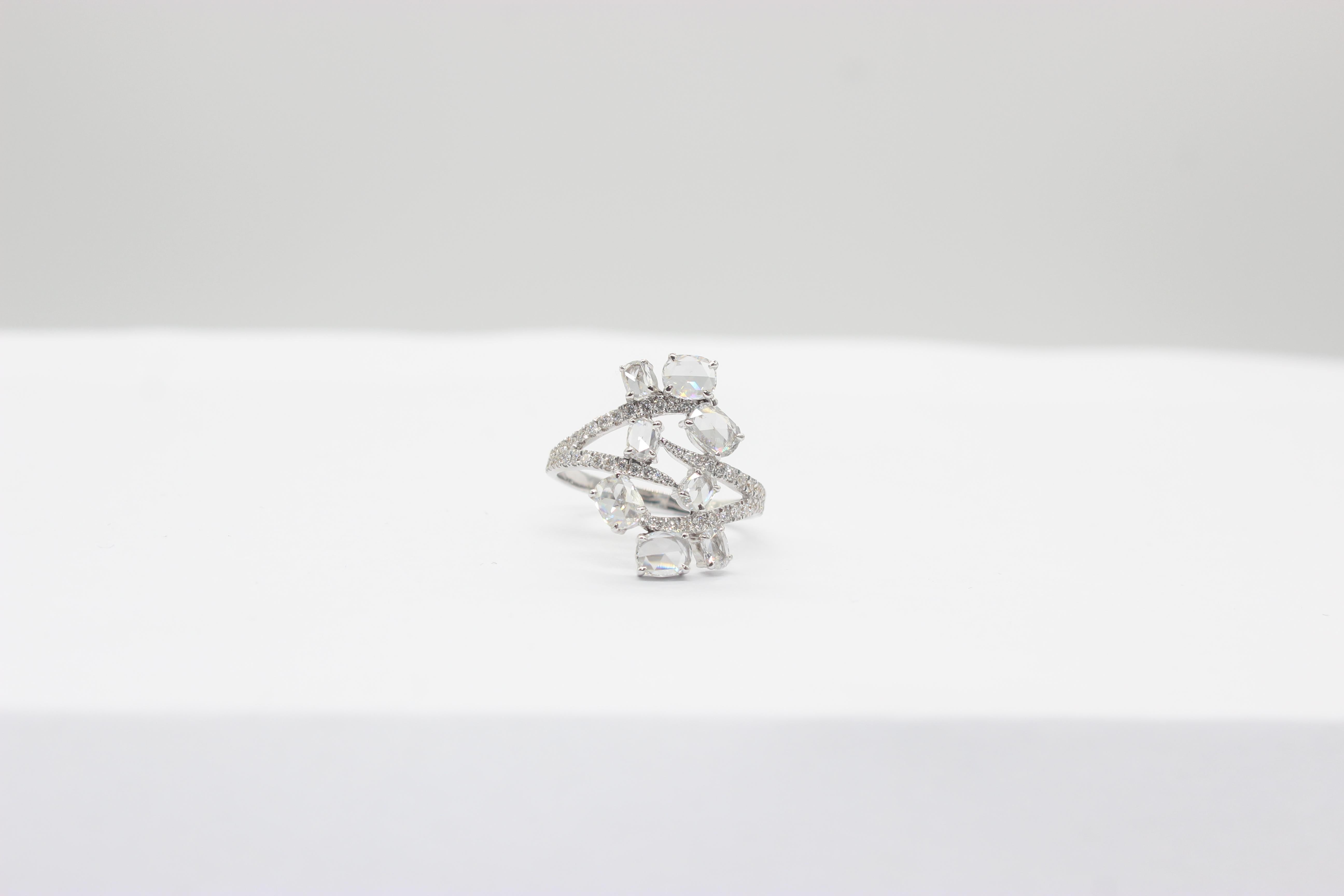 Women's PANIM 1.39 Carat Oval Diamond Rosecut 18k White Gold Floral Ring For Sale