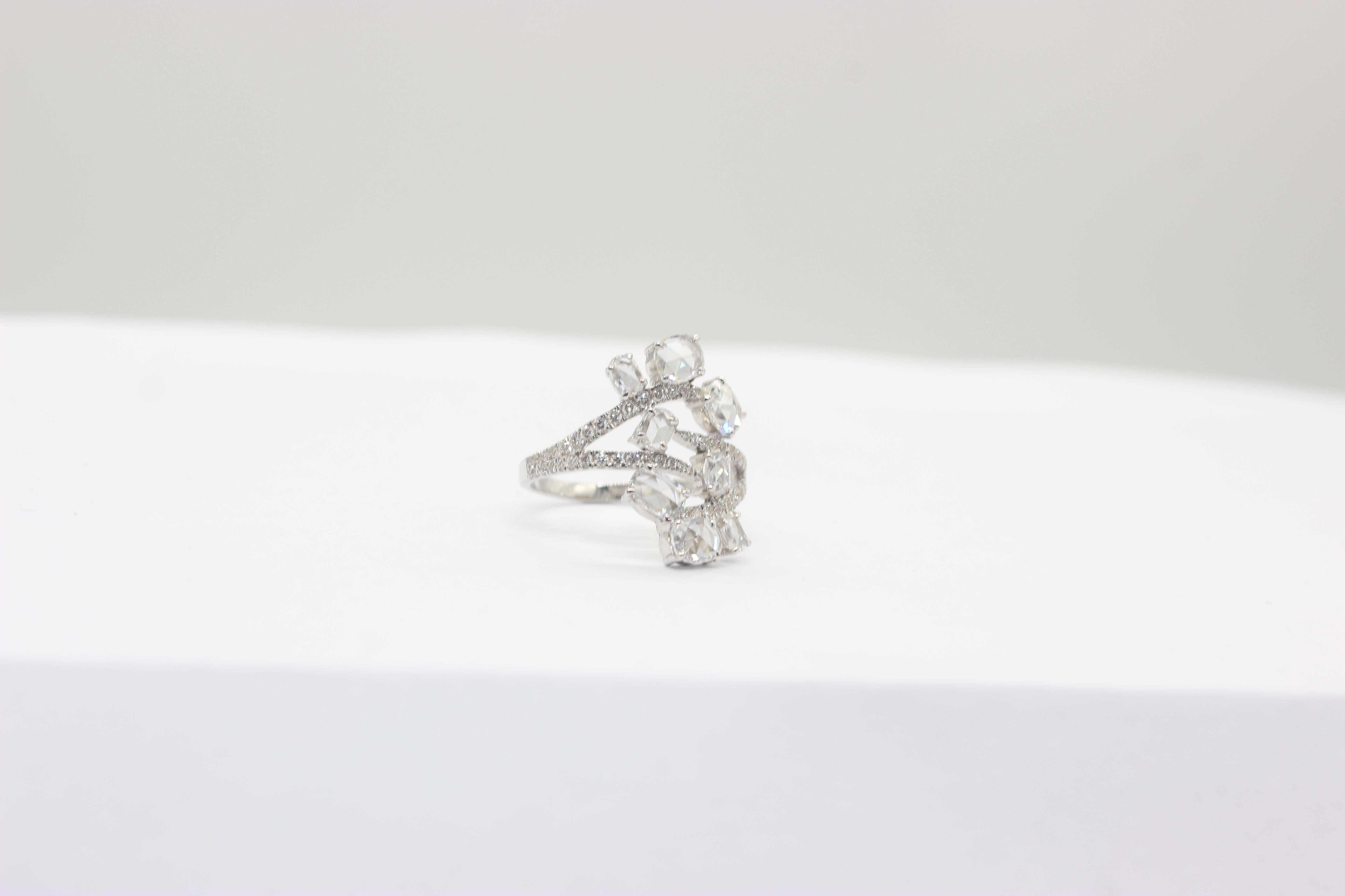PANIM 1.39 Carat Oval Diamond Rosecut 18k White Gold Floral Ring For Sale 1