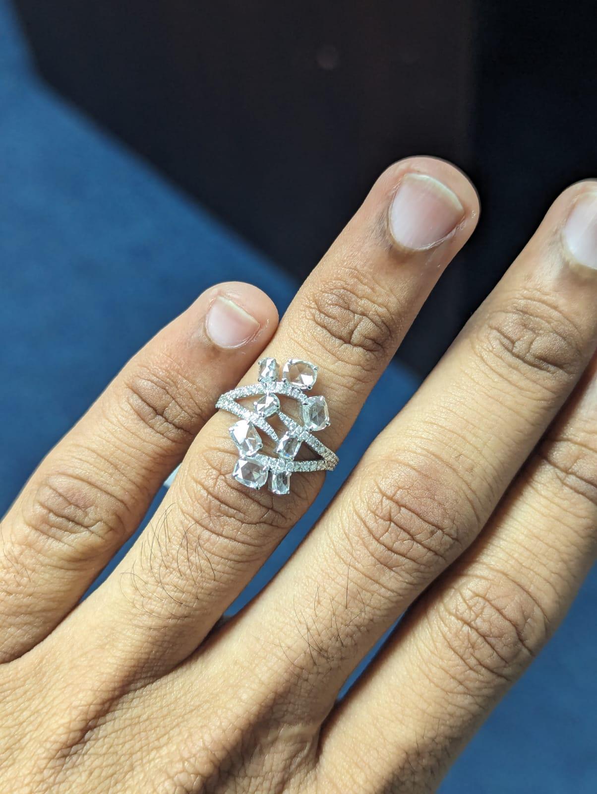PANIM 1.39 Carats Diamond Rosecut 18 Karat White Gold Floral Ring For Sale 4