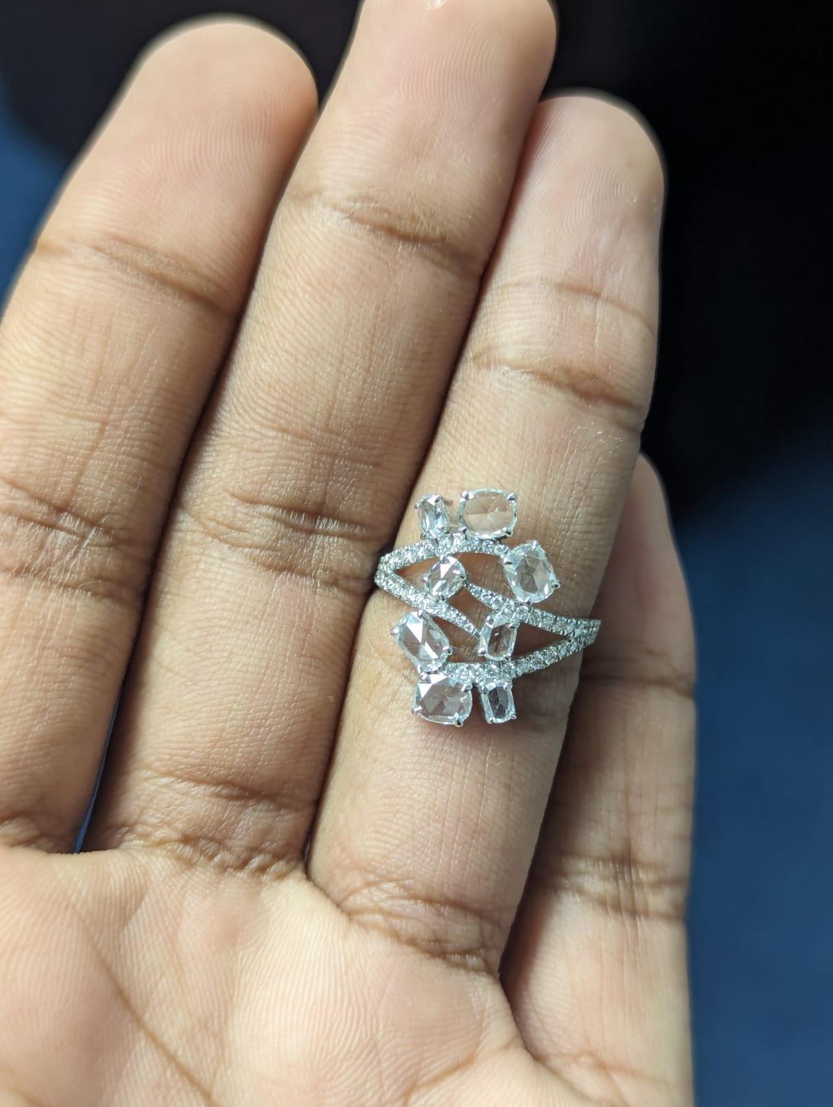 PANIM 1.39 Carats Diamond Rosecut 18 Karat White Gold Floral Ring For Sale 5