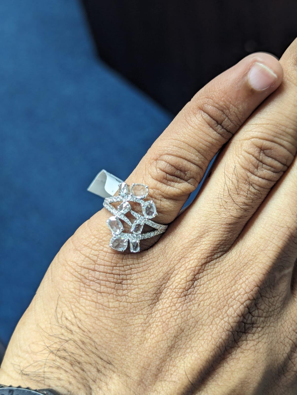 PANIM 1.39 Carats Diamond Rosecut 18 Karat White Gold Floral Ring For Sale 7