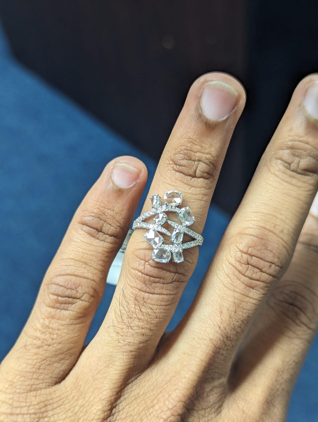 PANIM 1.39 Carats Diamond Rosecut 18 Karat White Gold Floral Ring For Sale 2