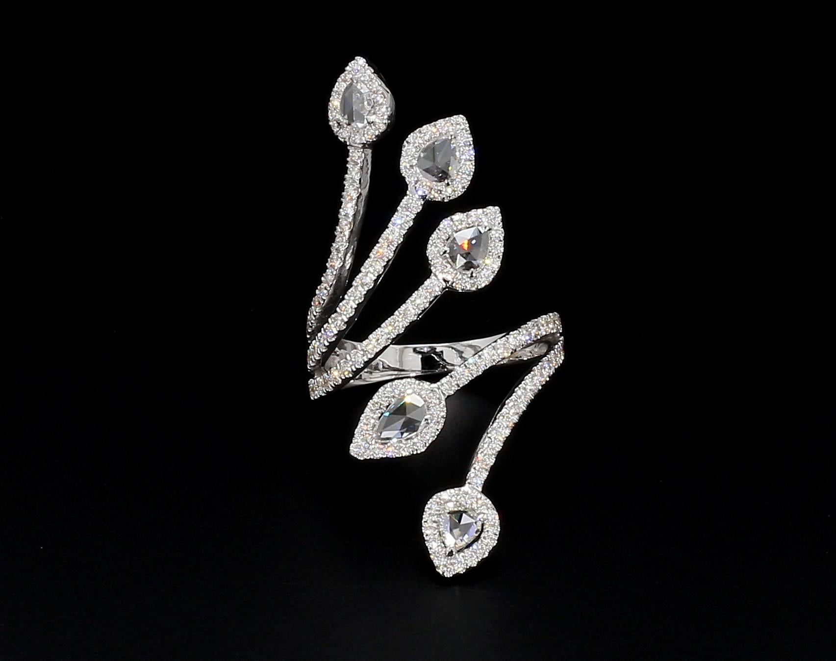 PANIM 1.41 Carat Diamond Rosecut 18k White Gold Cocktail Ring For Sale 7