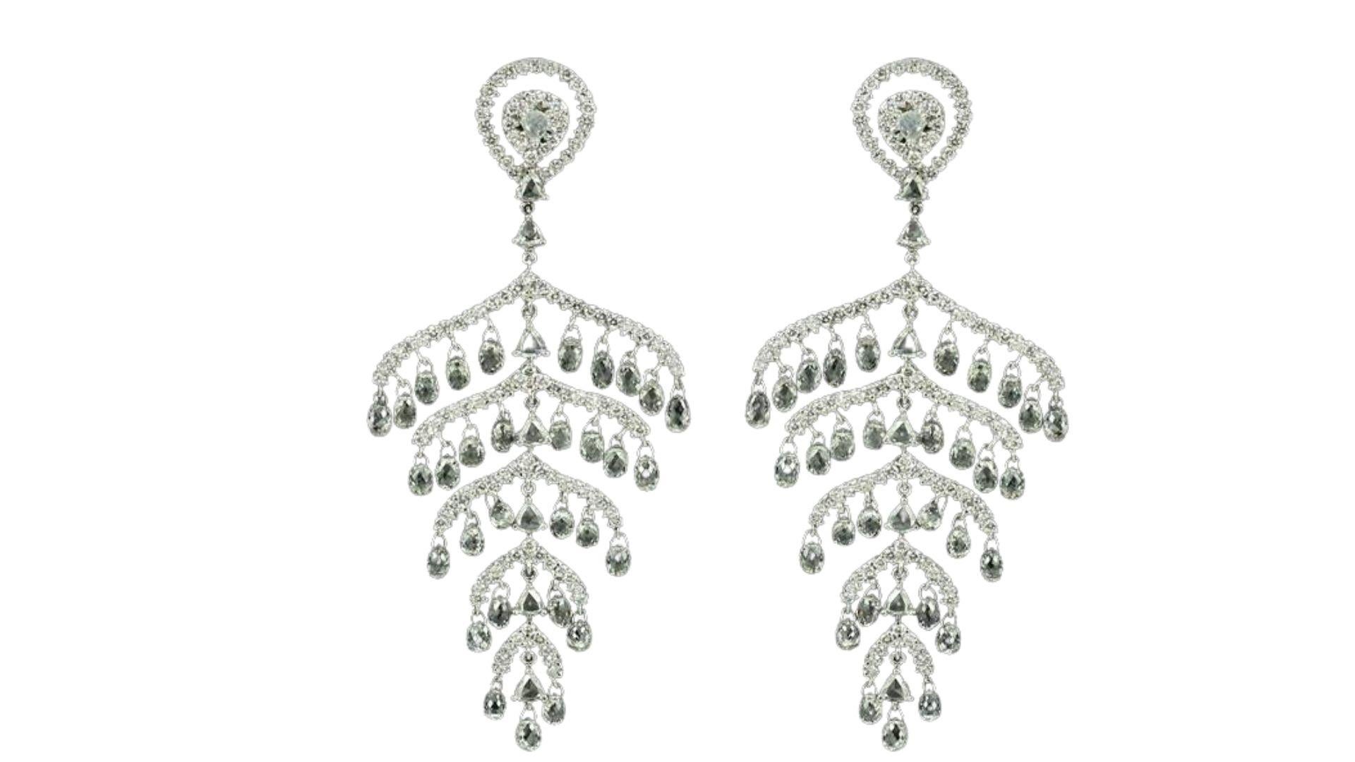 PANIM 14.86 Carat Diamond Briolette 18k White Gold Chandelier Earrings For Sale 1
