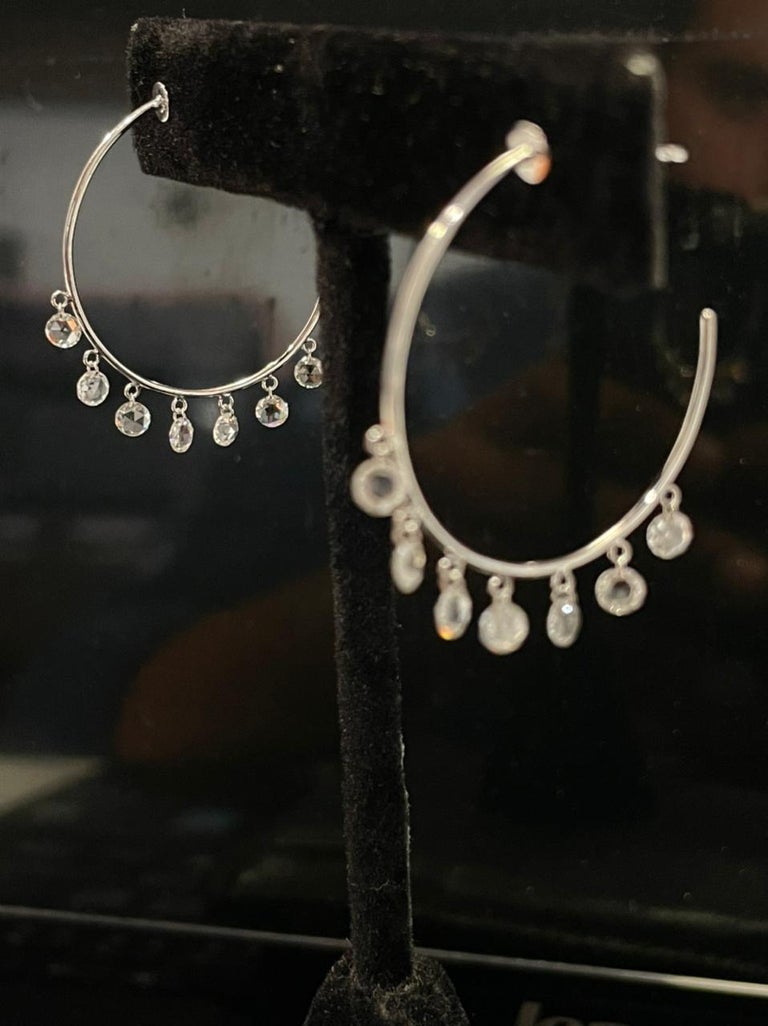 Panim 1.61 Carats Diamond Rosecut 18 Karat White Gold Hoop Earrings For Sale 4