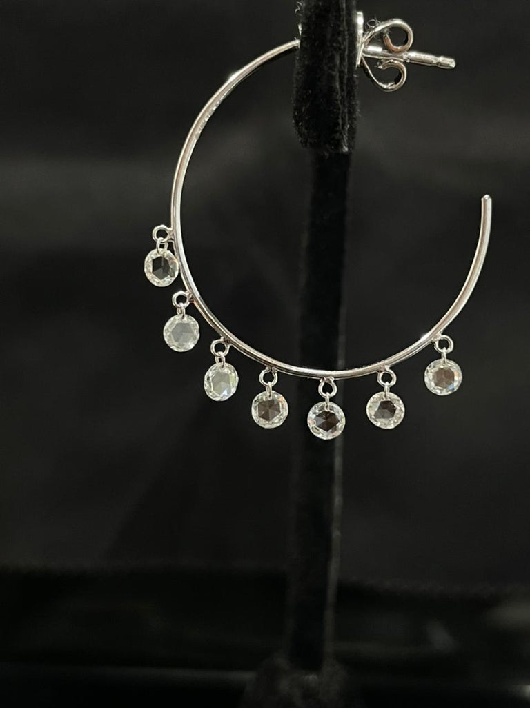 Modern Panim 1.61 Carats Diamond Rosecut 18 Karat White Gold Hoop Earrings For Sale