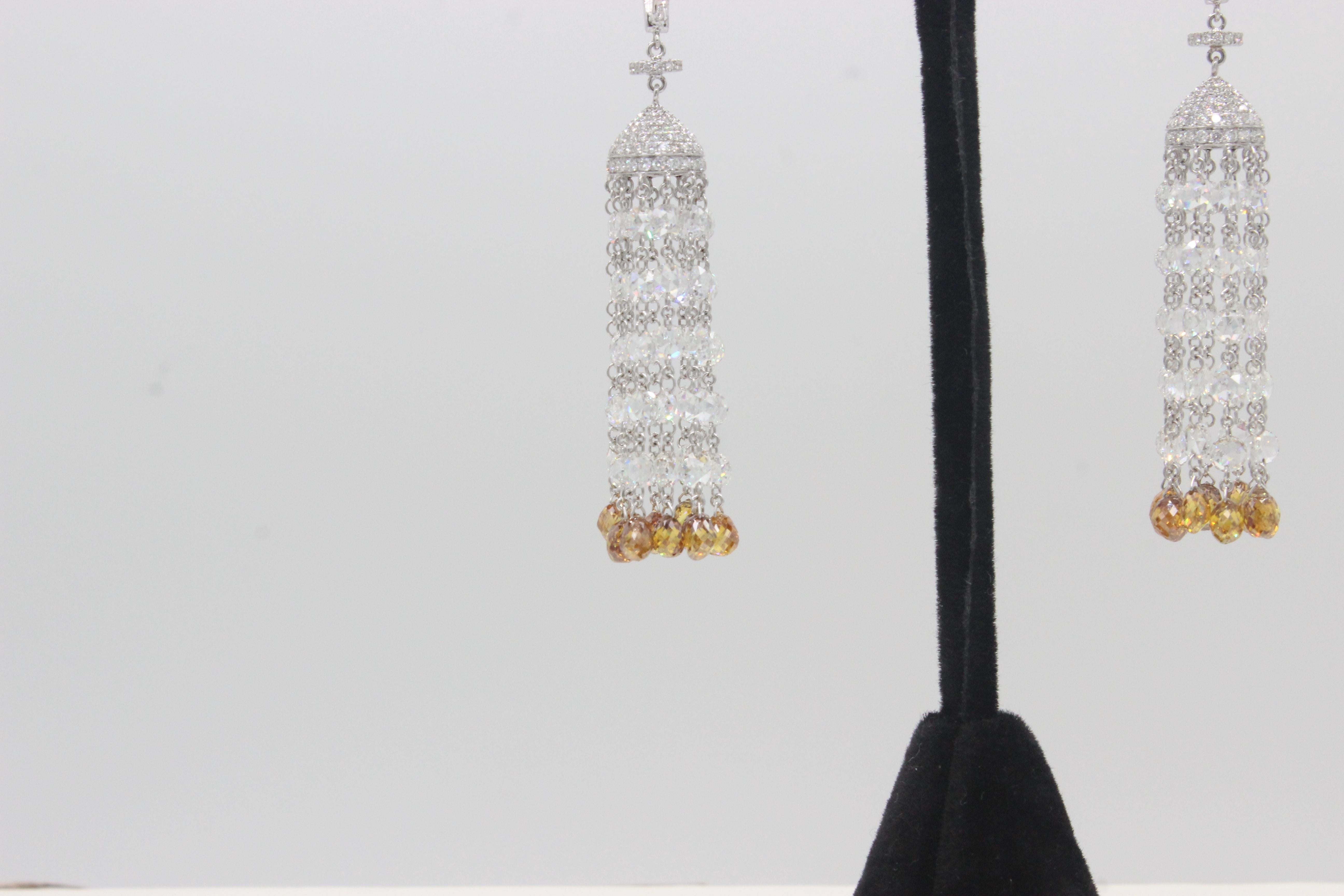 Modern PANIM 17.57 Carats Diamond Rosecut 18K White Gold Tassel Earrings For Sale
