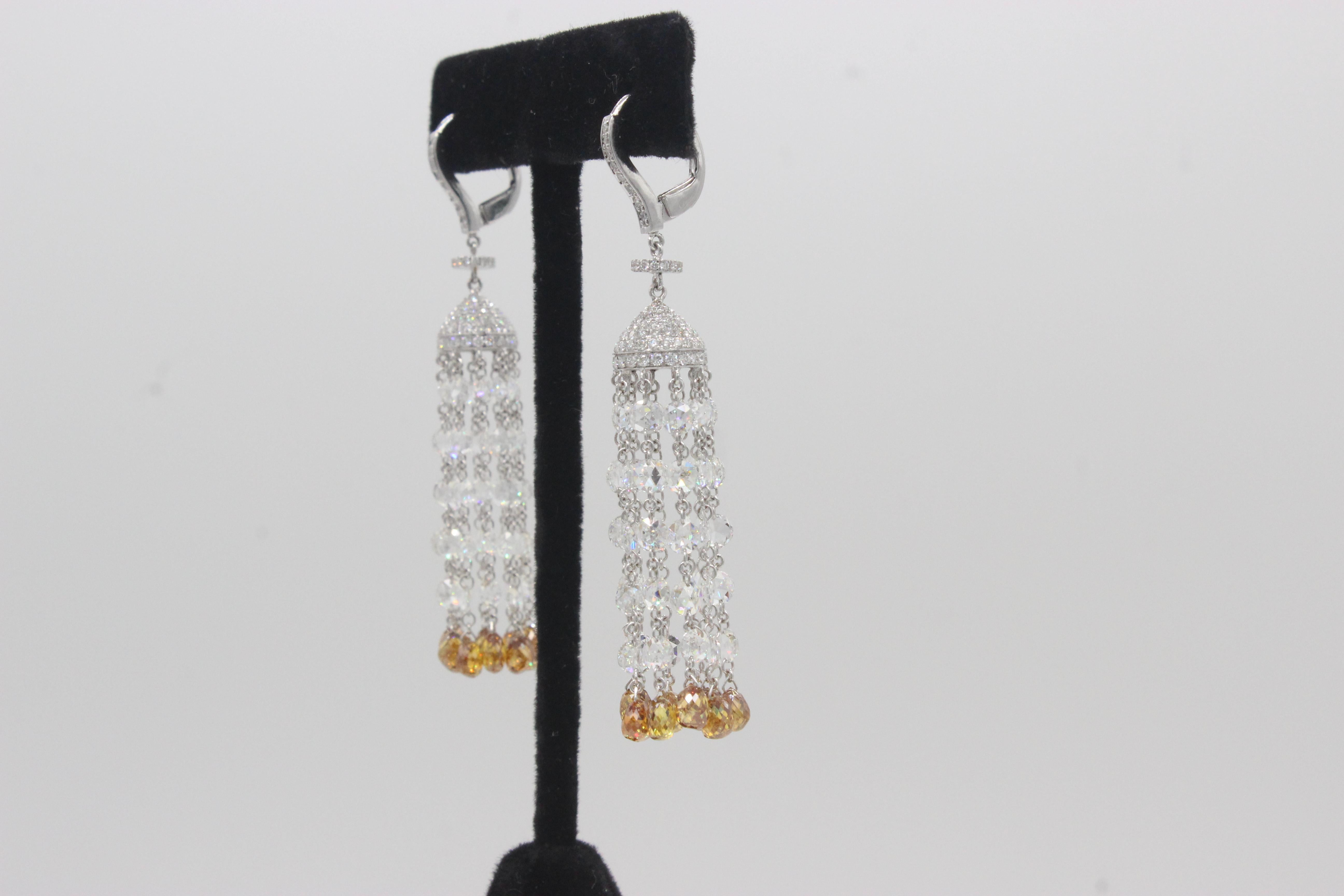 Rose Cut PANIM 17.57 Carats Diamond Rosecut 18K White Gold Tassel Earrings For Sale