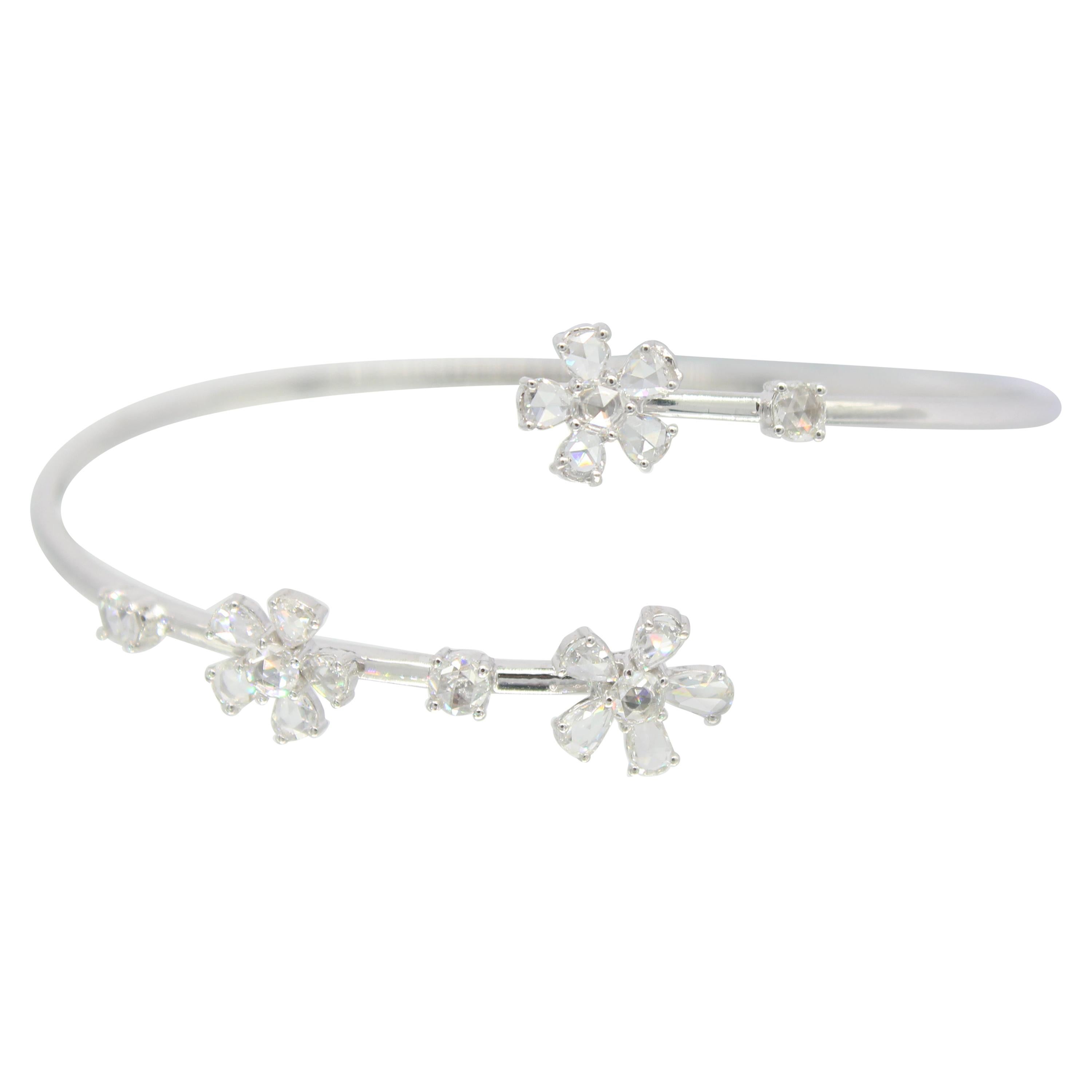PANIM Bracelet jonc à fleurs en or blanc 18 carats avec diamants taille rose de 1,76 carat