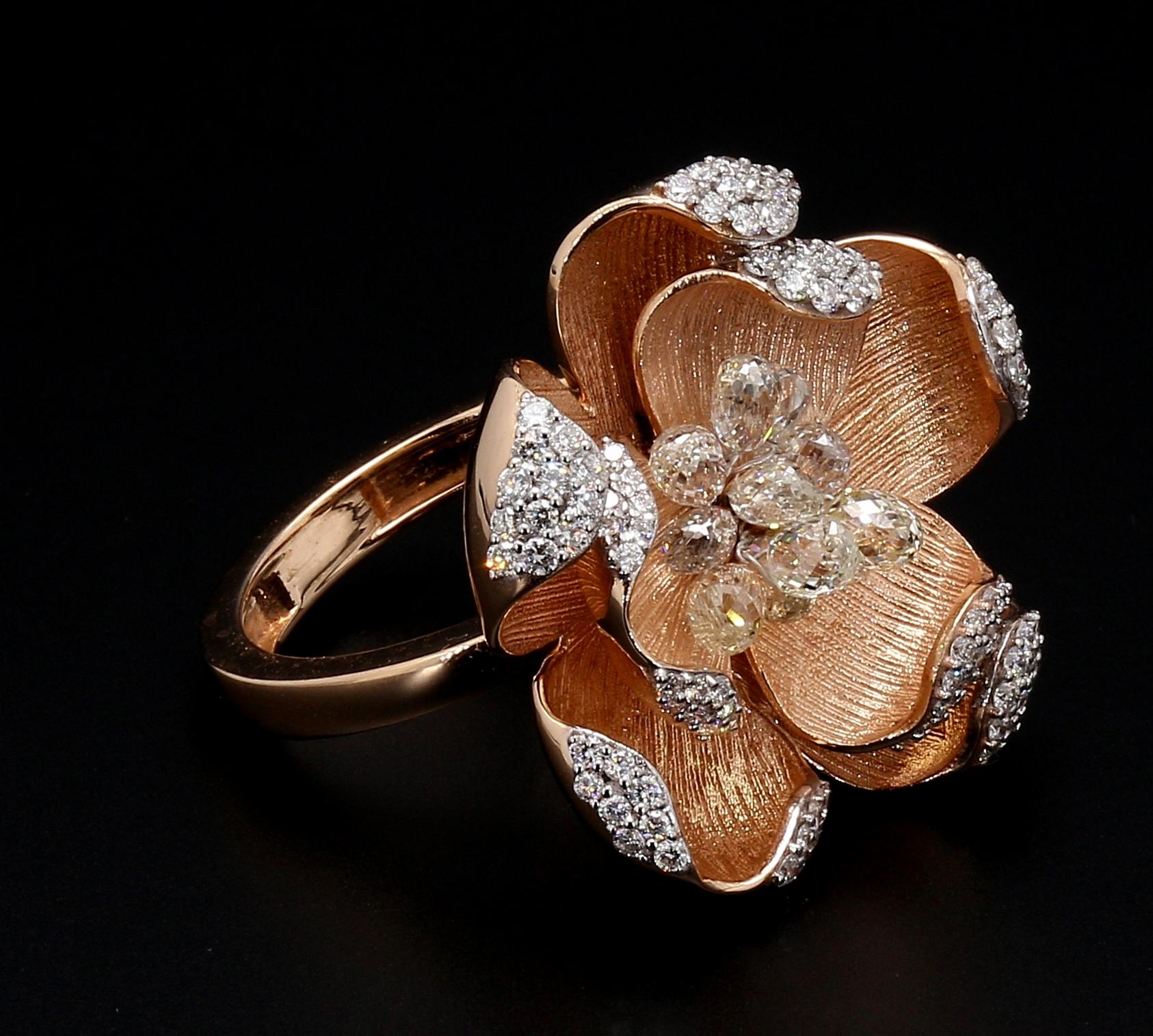 PANIM 18K Rose Gold Diamond Briolette Floral Ring For Sale 8