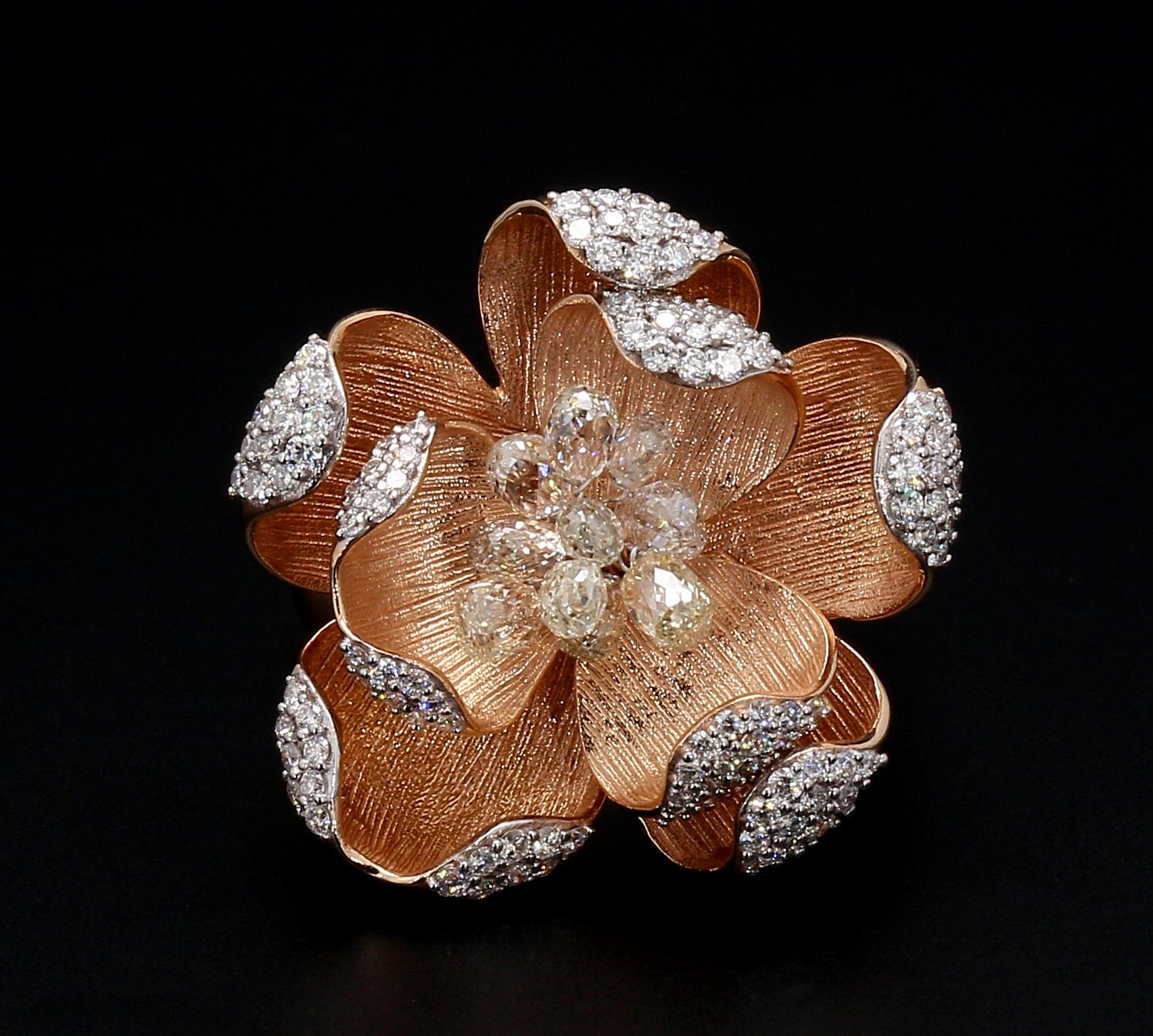 PANIM 18K Rose Gold Diamond Briolette Floral Ring For Sale 9