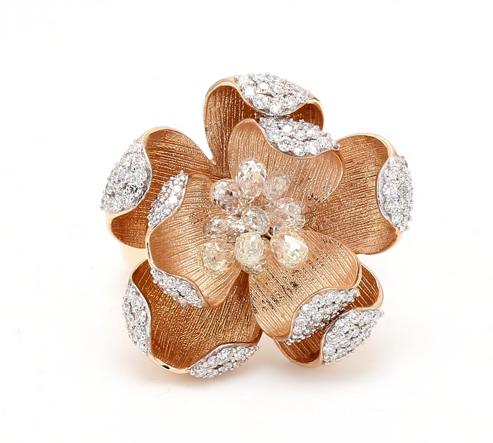 PANIM 18K Rose Gold Diamond Briolette Floral Ring

The PANIM 18K Rose Gold Diamond Briolette Ring is a truly exquisite piece of jewelry that embodies timeless beauty. Crafted with precision and care, this ring showcases the perfect balance of