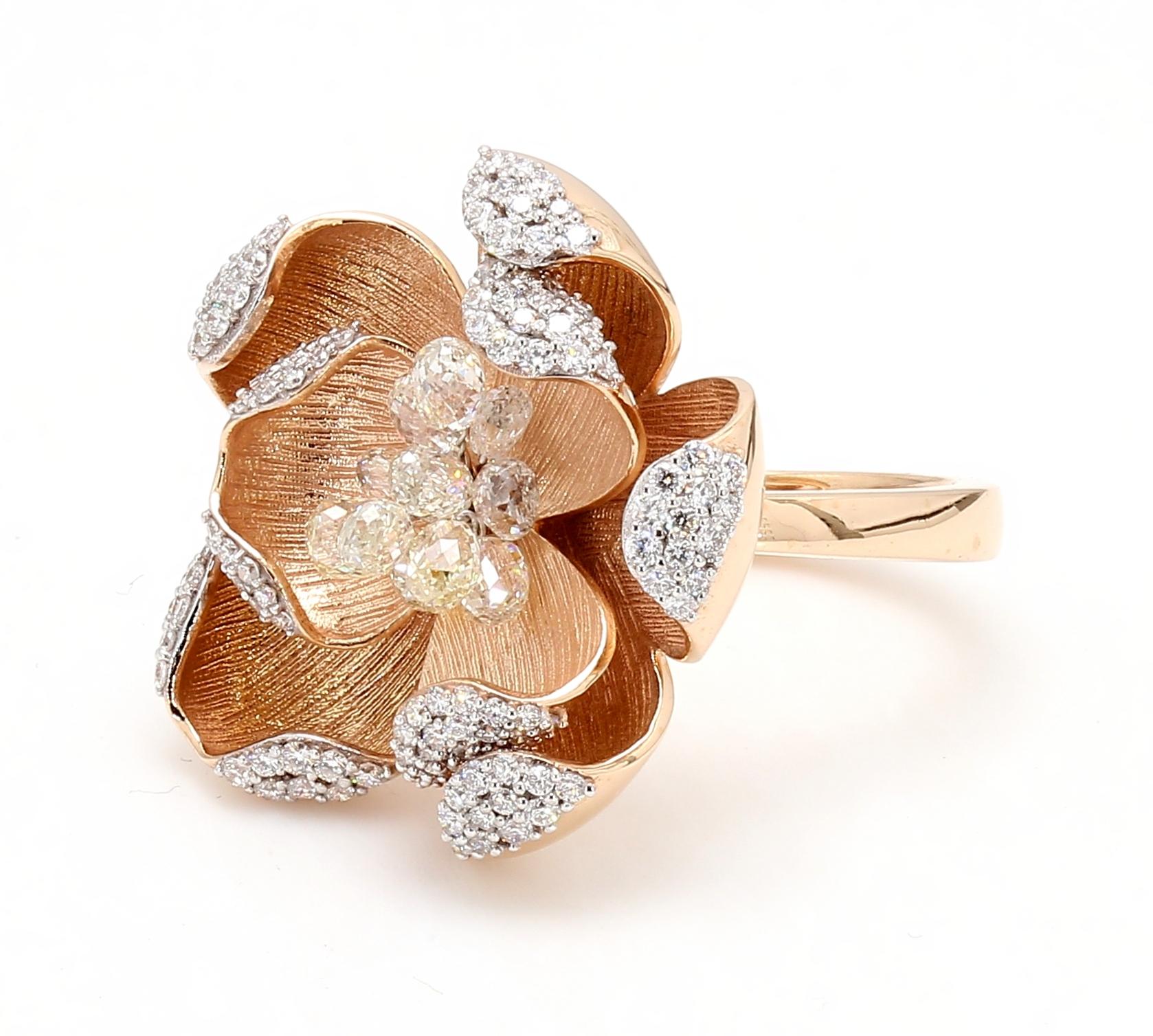 Modern PANIM 18K Rose Gold Diamond Briolette Floral Ring For Sale