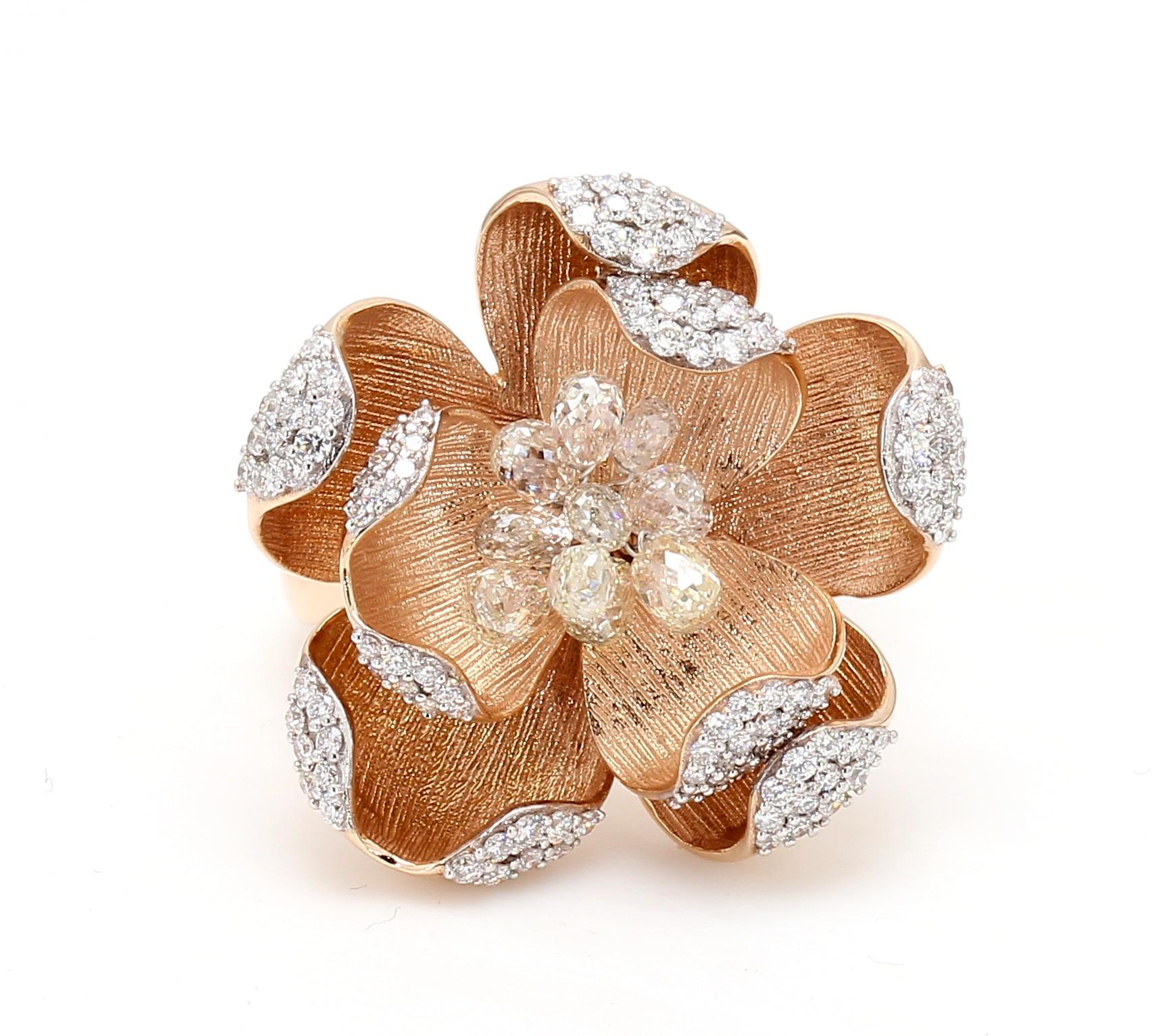 PANIM 18K Rose Gold Diamond Briolette Floral Ring For Sale 2