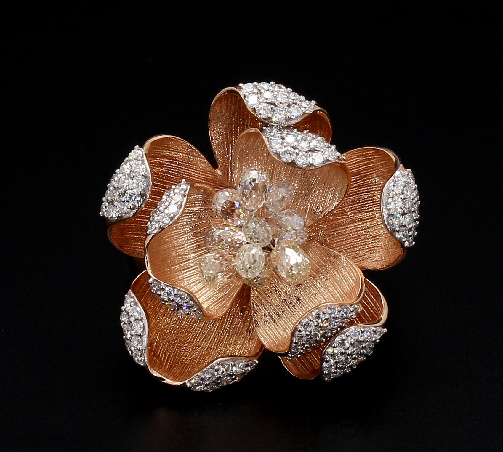 PANIM 18K Rose Gold Diamond Briolette Floral Ring For Sale 3