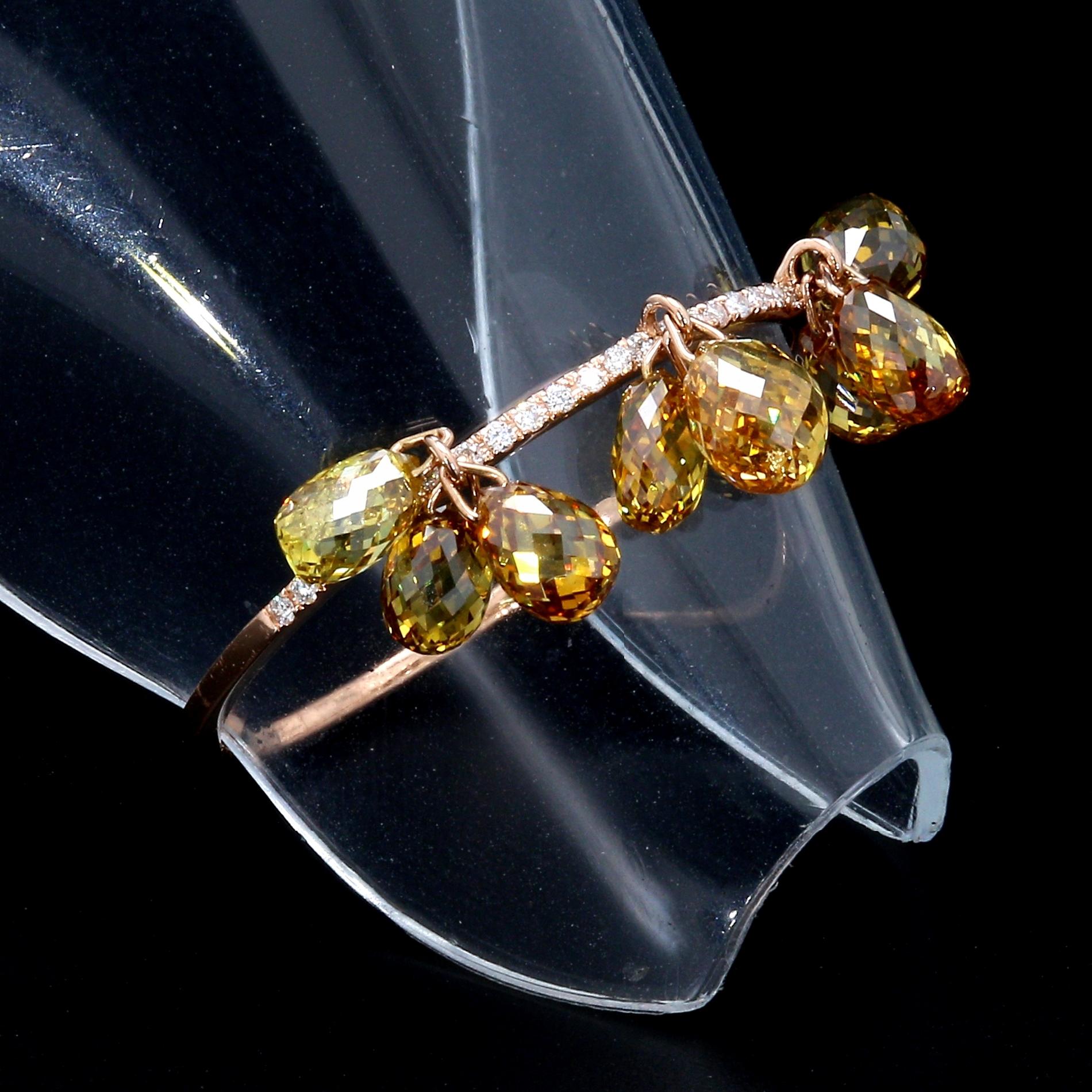 PANIM 18k Rose Gold Fancy Color Diamond Briolette Dangling Ring For Sale 3