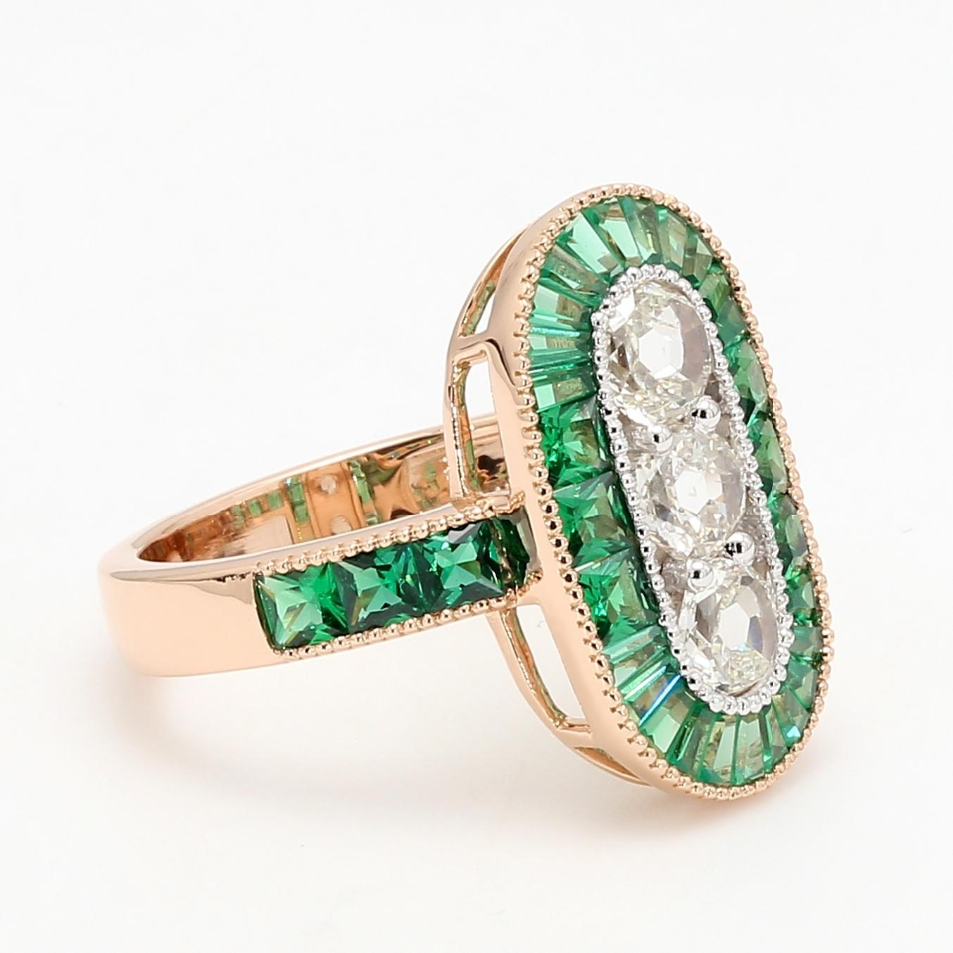 PANIM 18K Rose Gold Old Mine Cut Diamond & Emerald Ring

A super 18 karat yellow gold, three stone diamond & emerald ring that displays three bright Old Mine Cut diamonds , with a total estimated 1 cts of white diamonds & 1.40 cts of calibrated