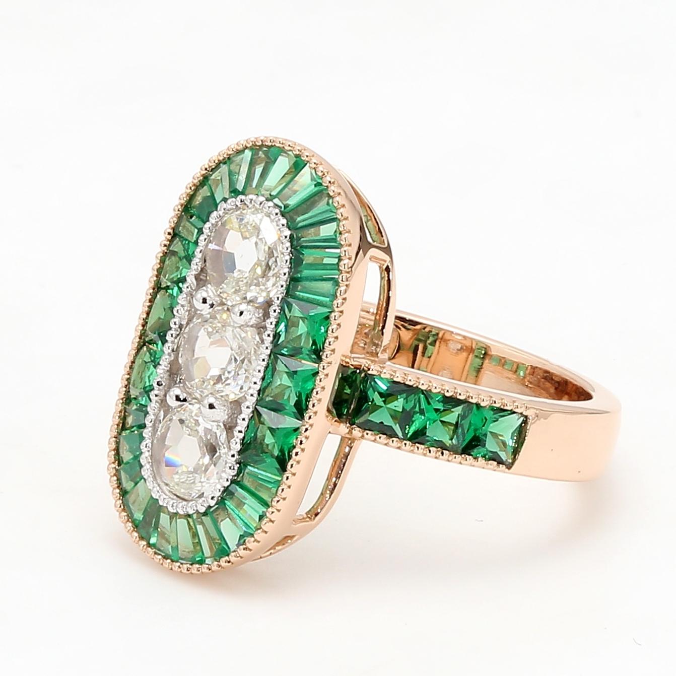 Modern PANIM 18K Rose Gold Old Mine Cut Diamond & Emerald Ring For Sale