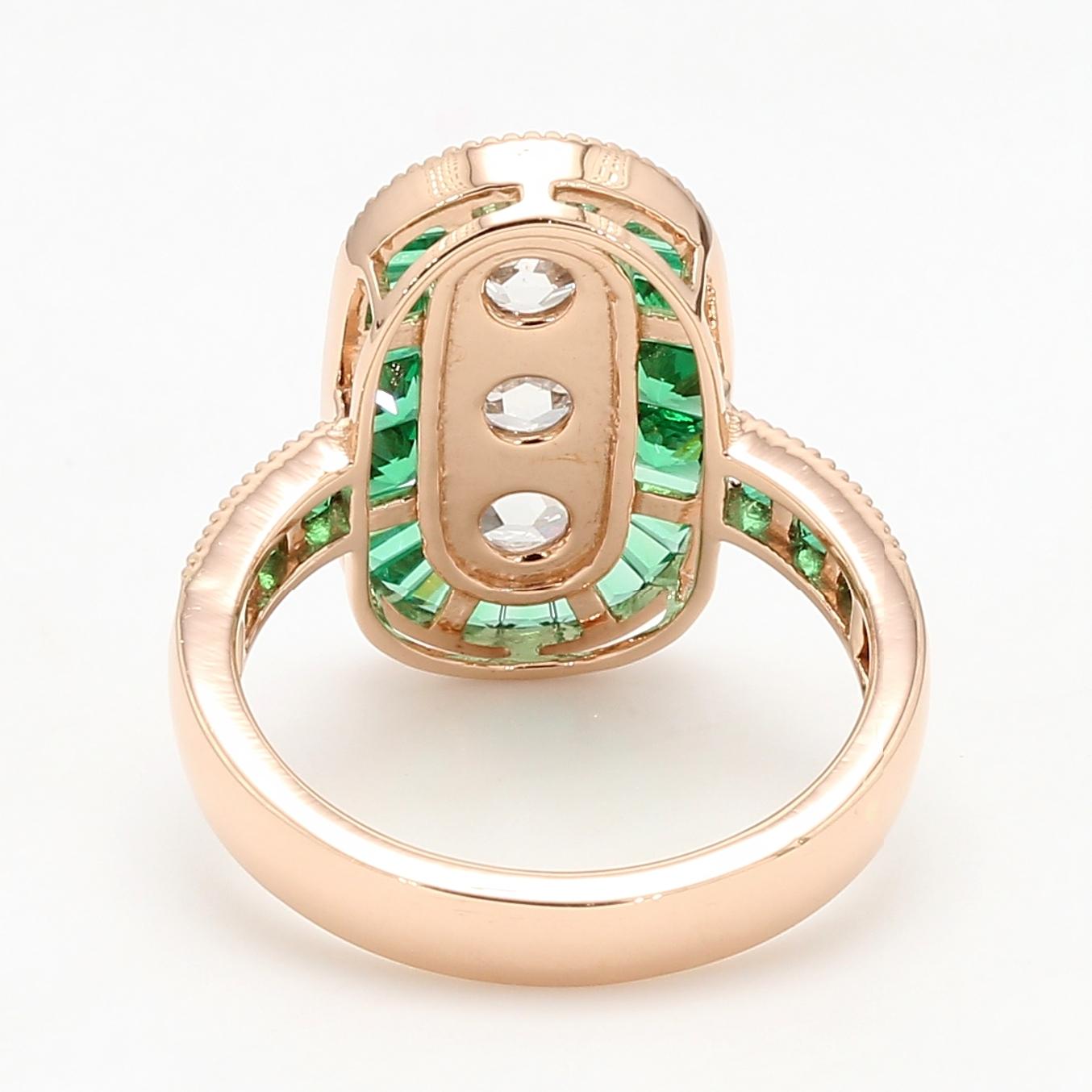 Women's PANIM 18K Rose Gold Old Mine Cut Diamond & Emerald Ring For Sale