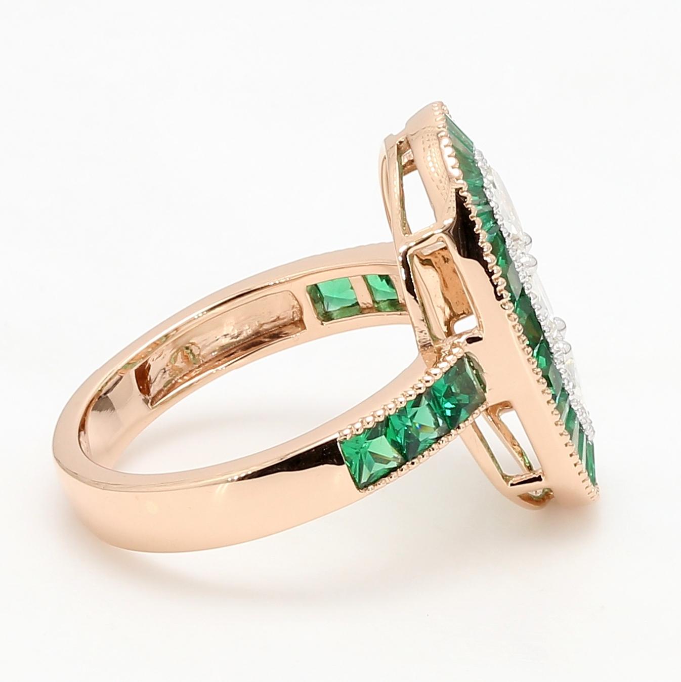 PANIM 18K Rose Gold Old Mine Cut Diamond & Emerald Ring For Sale 1