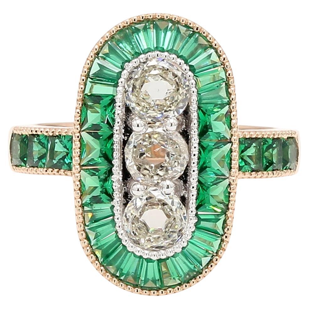 PANIM 18K Rose Gold Old Mine Cut Diamond & Emerald Ring