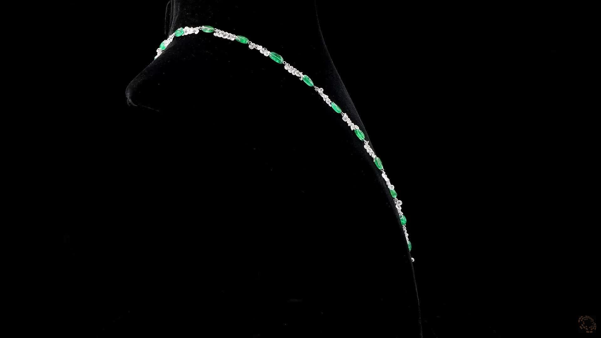 Women's PANIM 18k White Gold 41.39 Carat Diamond Rosecut & Emerald Floral Necklace For Sale