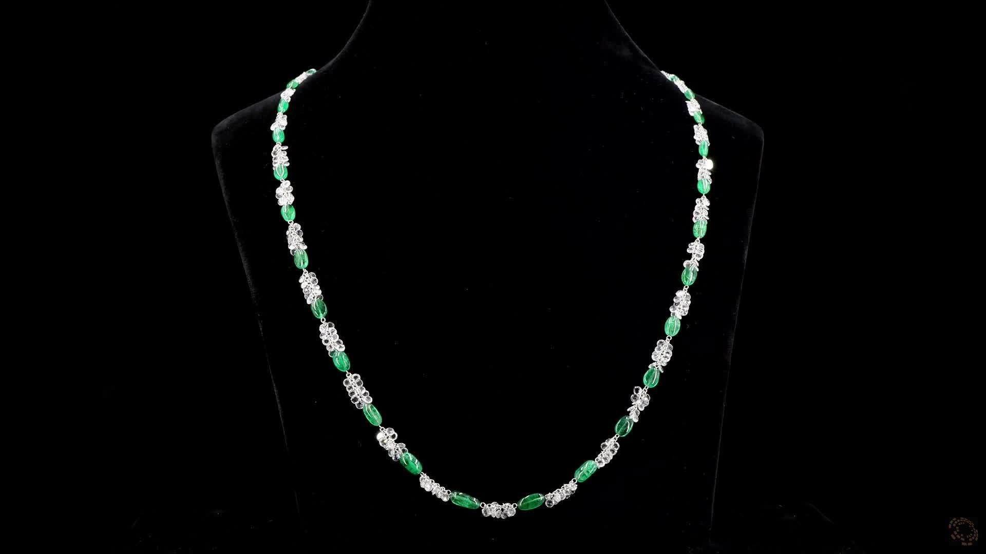 PANIM 18k White Gold 41.39 Carat Diamond Rosecut & Emerald Floral Necklace For Sale 1
