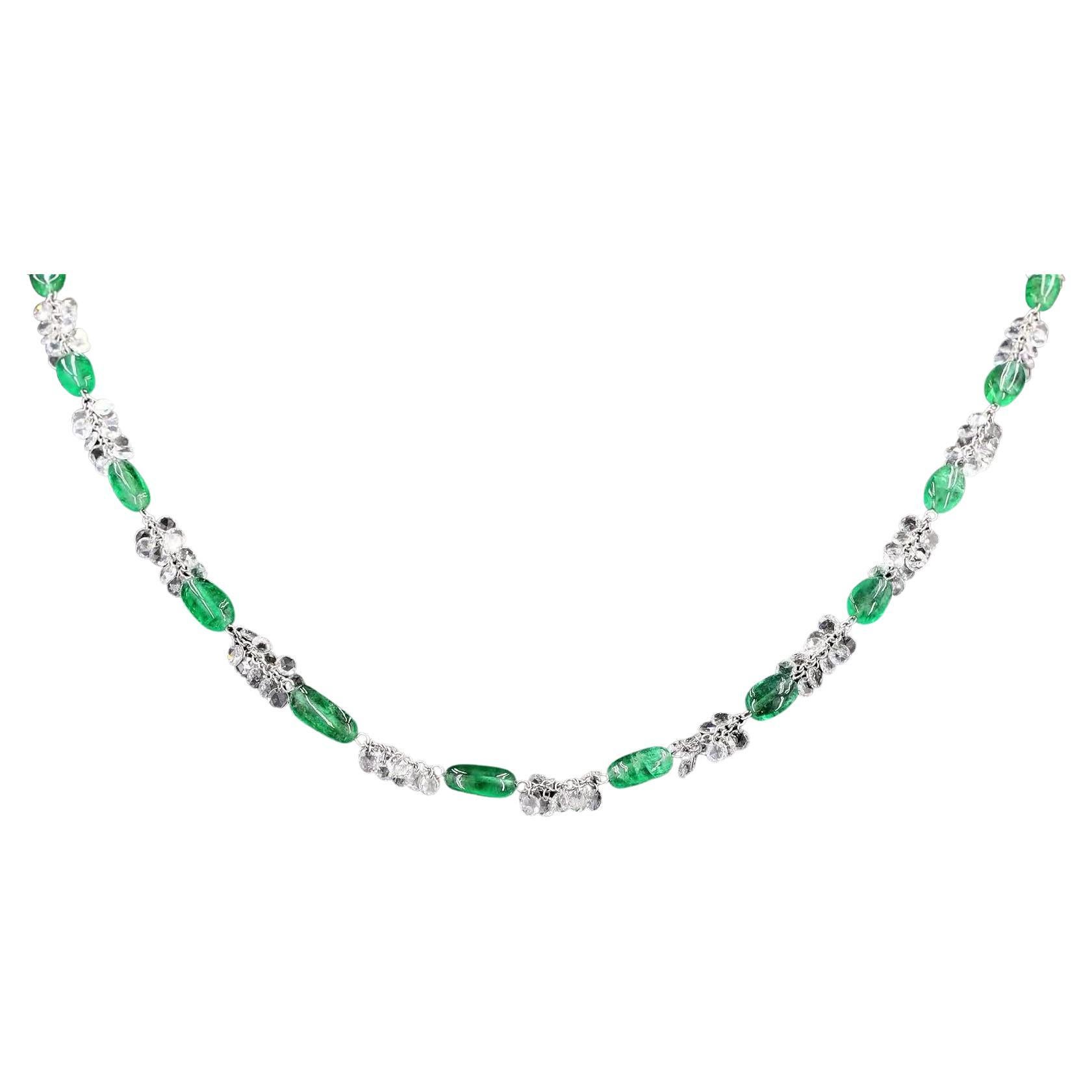 PANIM 18k White Gold 41.39 Carat Diamond Rosecut & Emerald Floral Necklace  For Sale