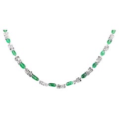 PANIM 18k White Gold 41.39 Carat Diamond Rosecut & Emerald Floral Necklace 