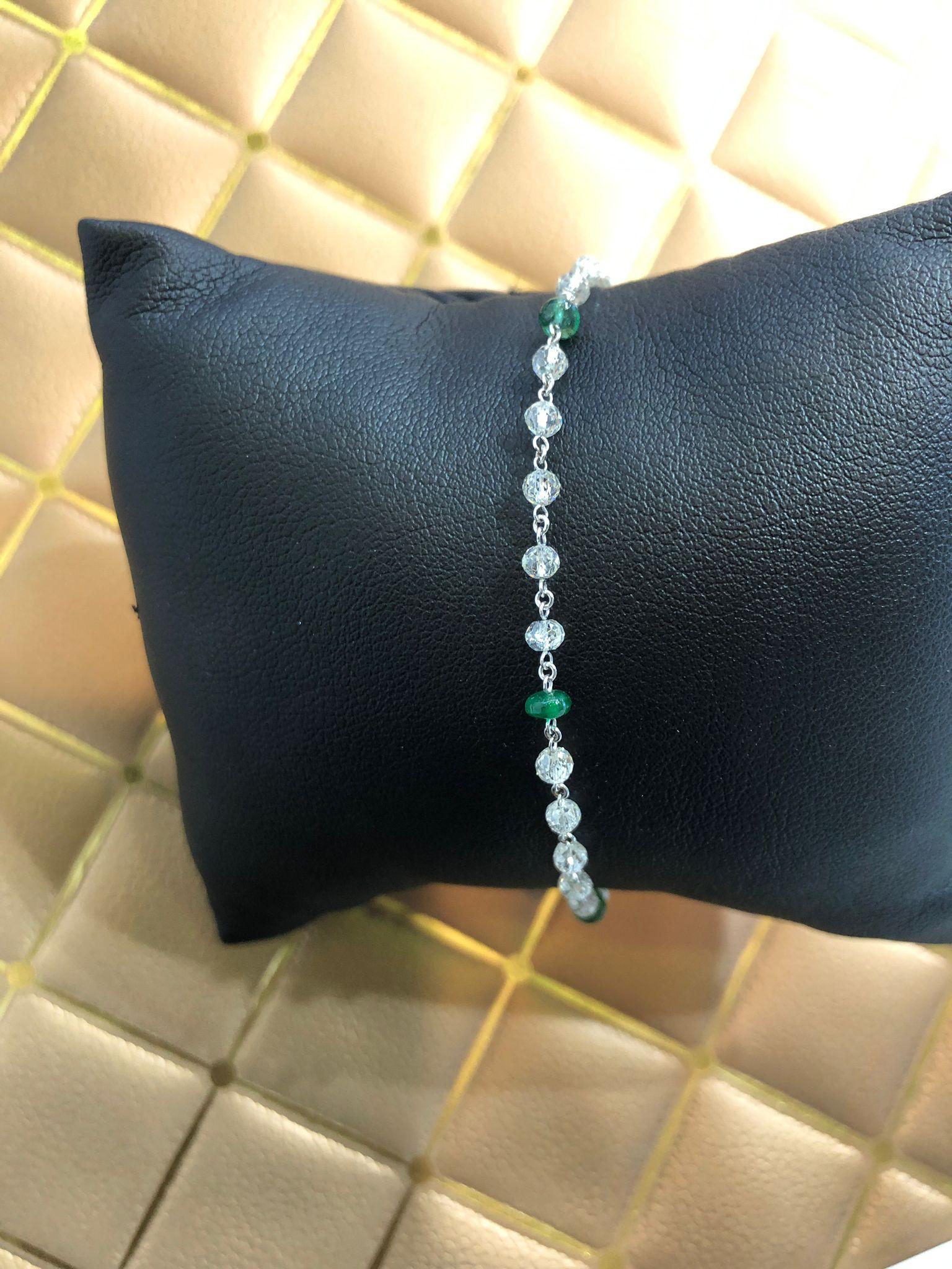 Women's PANIM 18k White Gold Diamond Beads & Emerald Bracelet For Sale