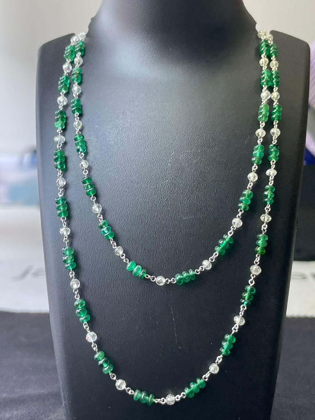 Women's PANIM 18k White Gold Diamond Beads & Emerald Necklace For Sale