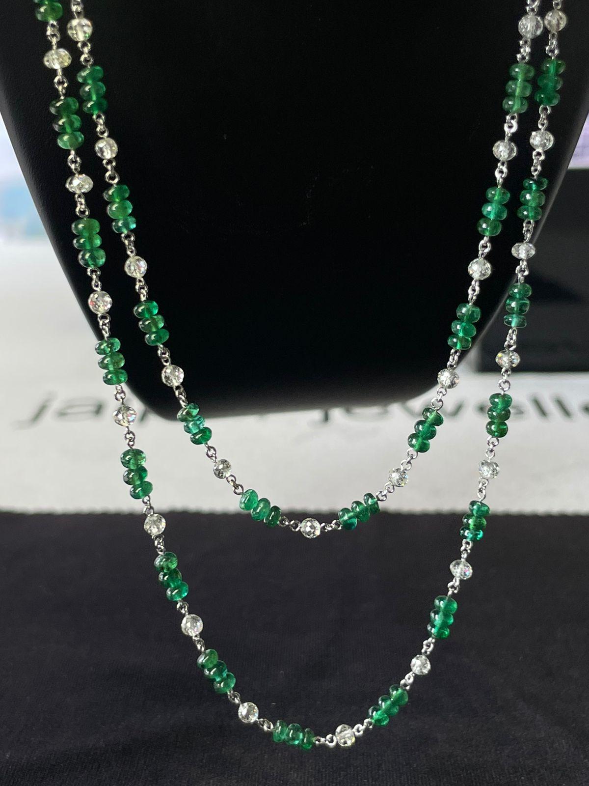 PANIM 18k White Gold Diamond Beads & Emerald Necklace For Sale 1