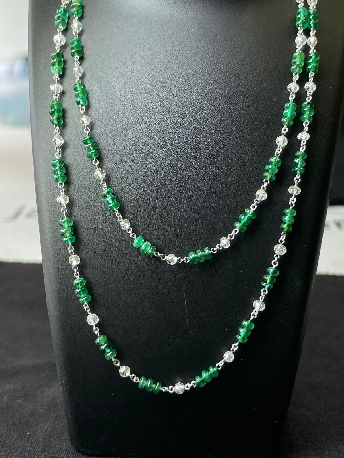 PANIM 18k White Gold Diamond Beads & Emerald Necklace For Sale 2