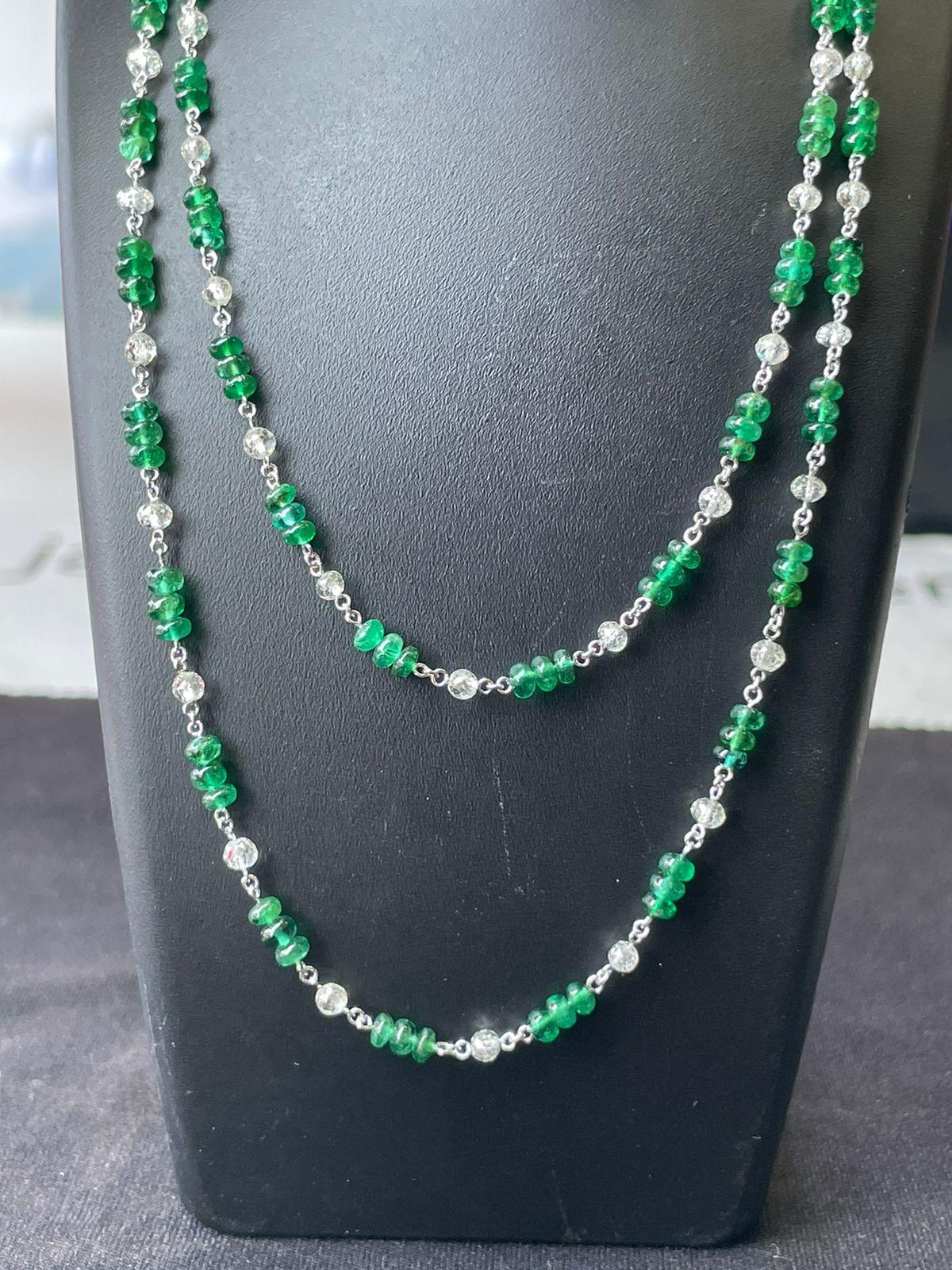 PANIM 18k White Gold Diamond Beads & Emerald Necklace For Sale 3