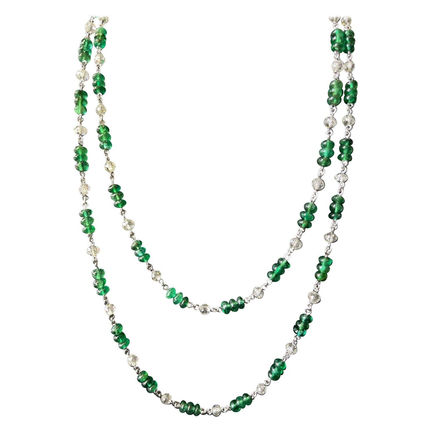PANIM 18k White Gold Diamond Beads & Emerald Necklace