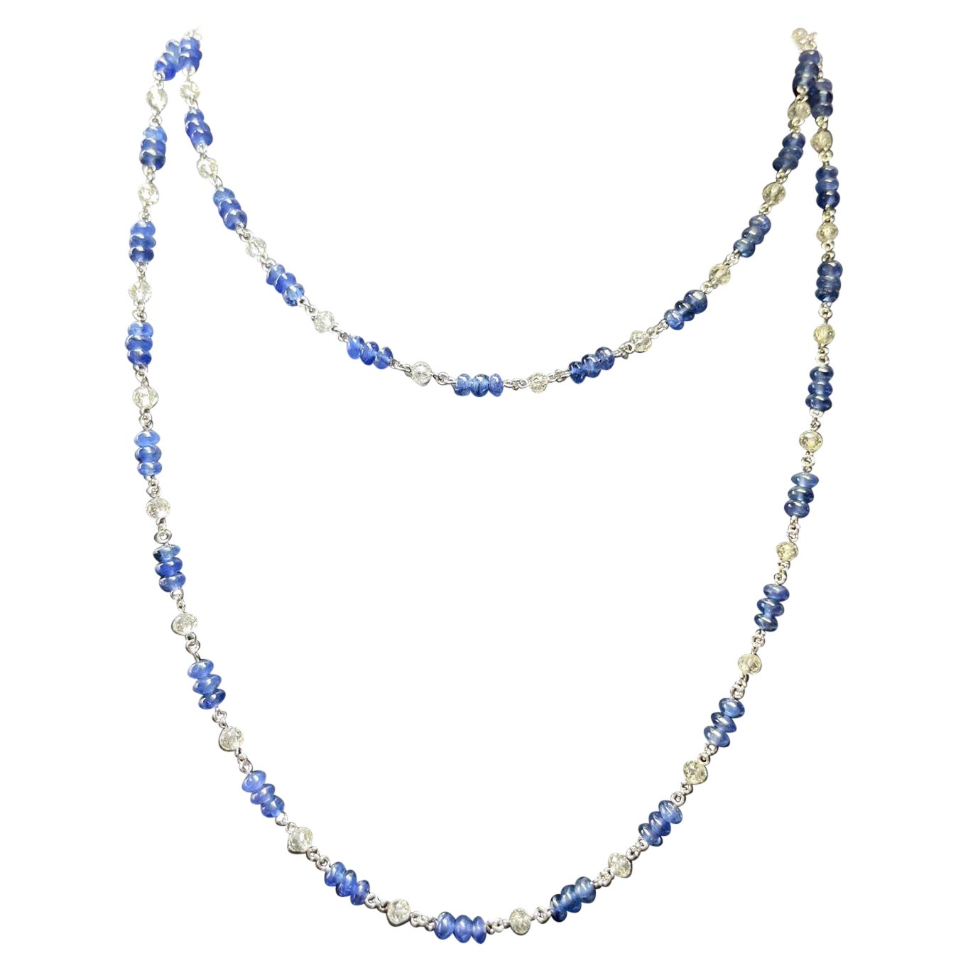 PANIM 18k White Gold Diamond Beads & Sapphire Necklace For Sale