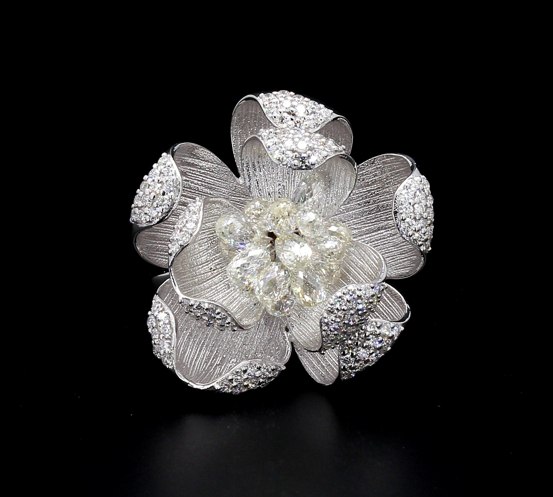 PANIM 18K White Gold Diamond Briolette Floral Ring For Sale 9