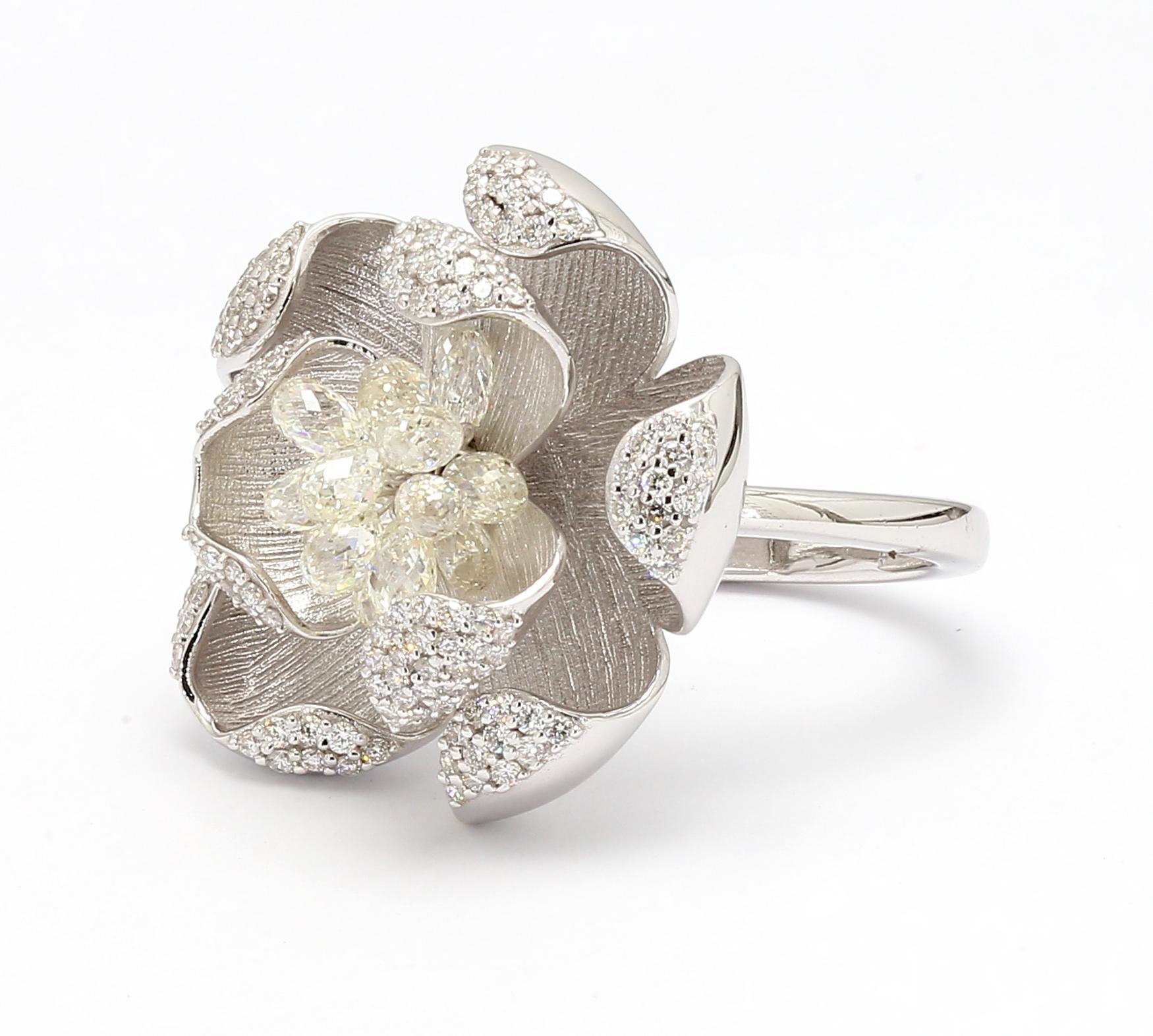 Modern PANIM 18K White Gold Diamond Briolette Floral Ring For Sale