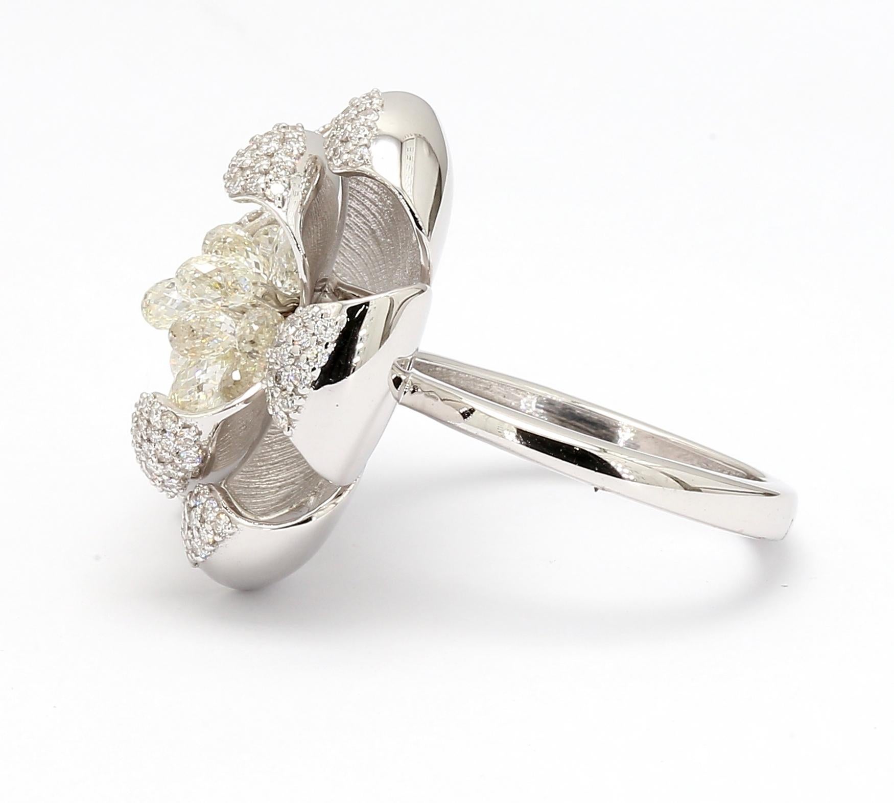 Briolette Cut PANIM 18K White Gold Diamond Briolette Floral Ring For Sale
