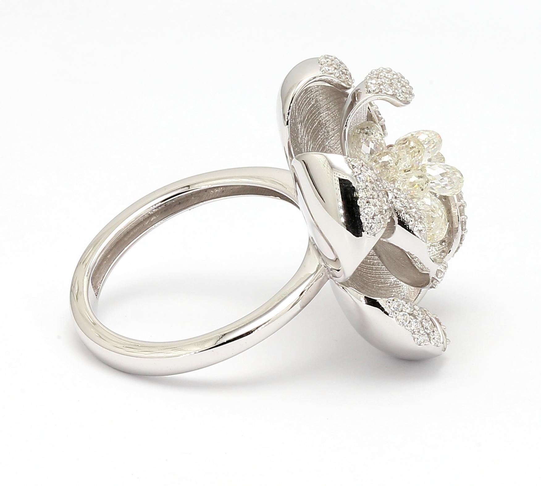 Women's PANIM 18K White Gold Diamond Briolette Floral Ring For Sale