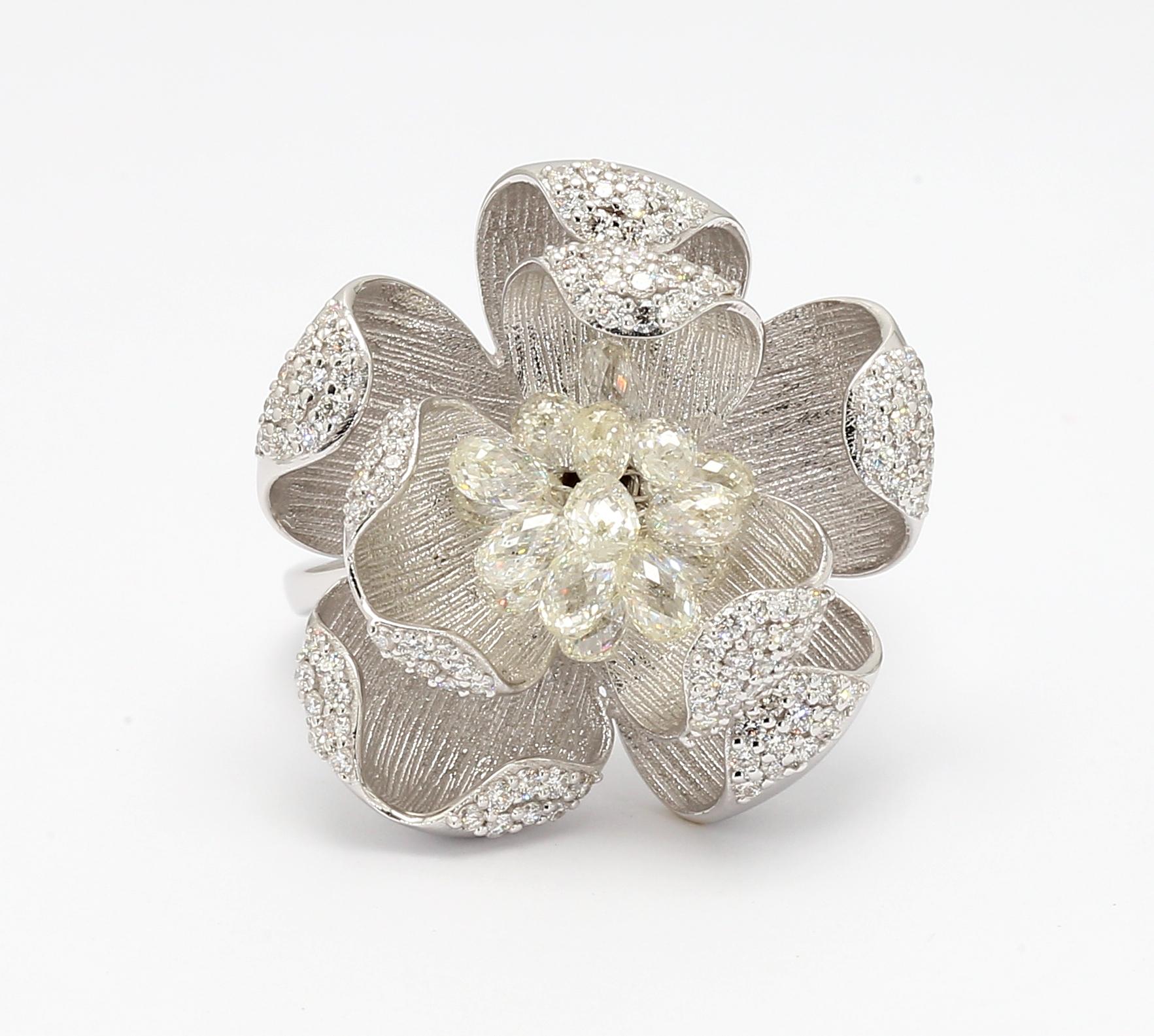 PANIM 18K White Gold Diamond Briolette Floral Ring For Sale 2