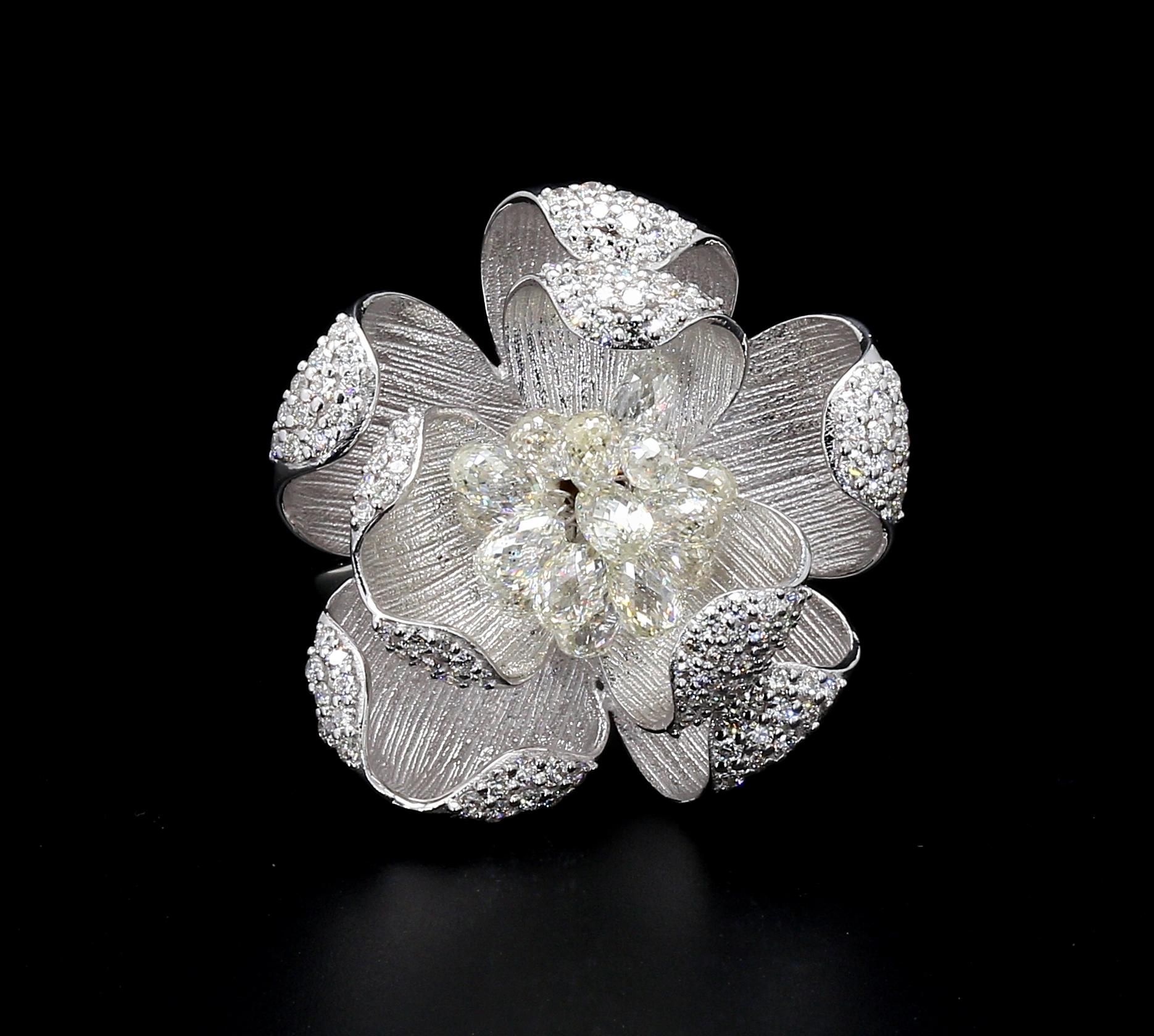 PANIM 18K White Gold Diamond Briolette Floral Ring For Sale 3